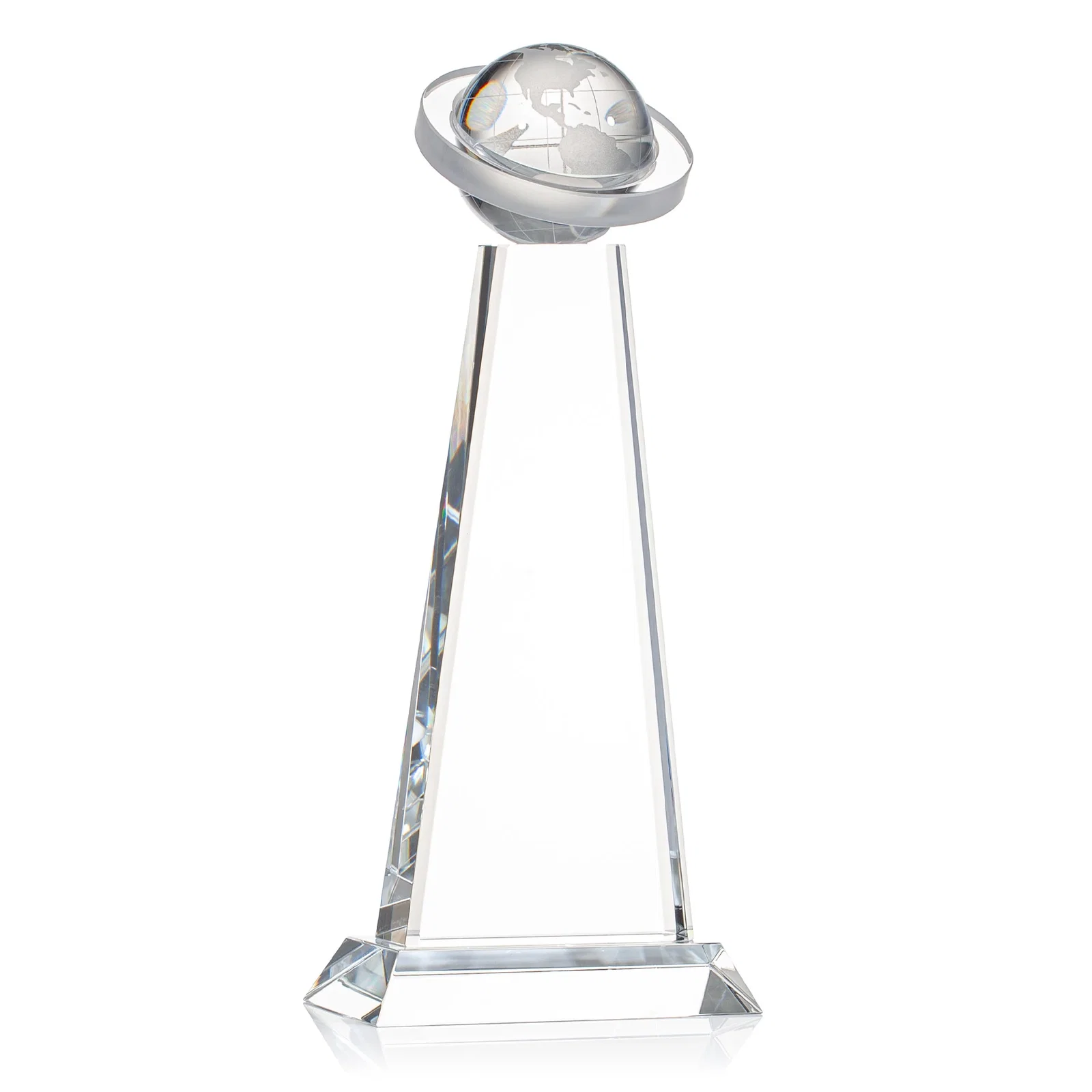 Custom Optical Crystal Tower Award with Ringed Globe Top for safety achievement programs