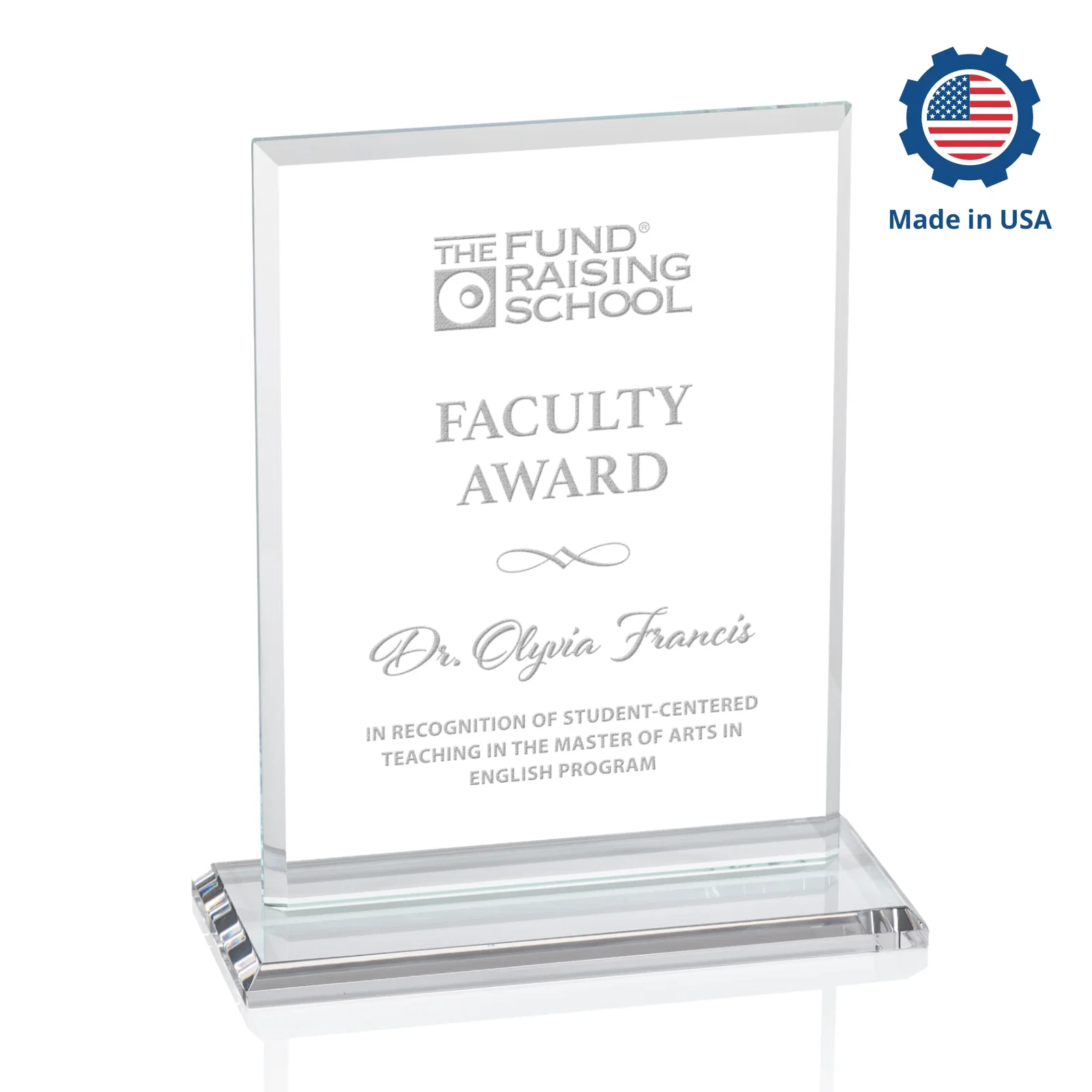 Custom printed Starfire Crystal Rectangle Award, Bevel on Body and Base, awards for retirement presentations
