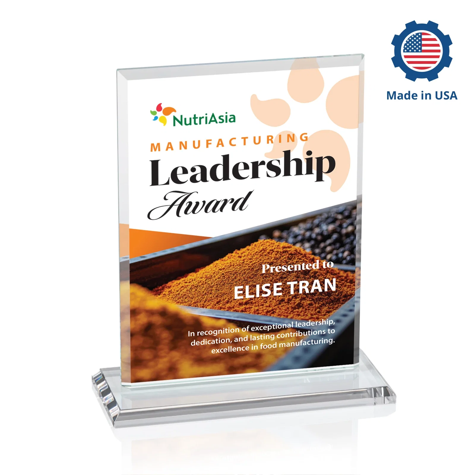 Custom printed Starfire Crystal Rectangle Award, Bevel on Body and Base, awards for volunteer appreciation