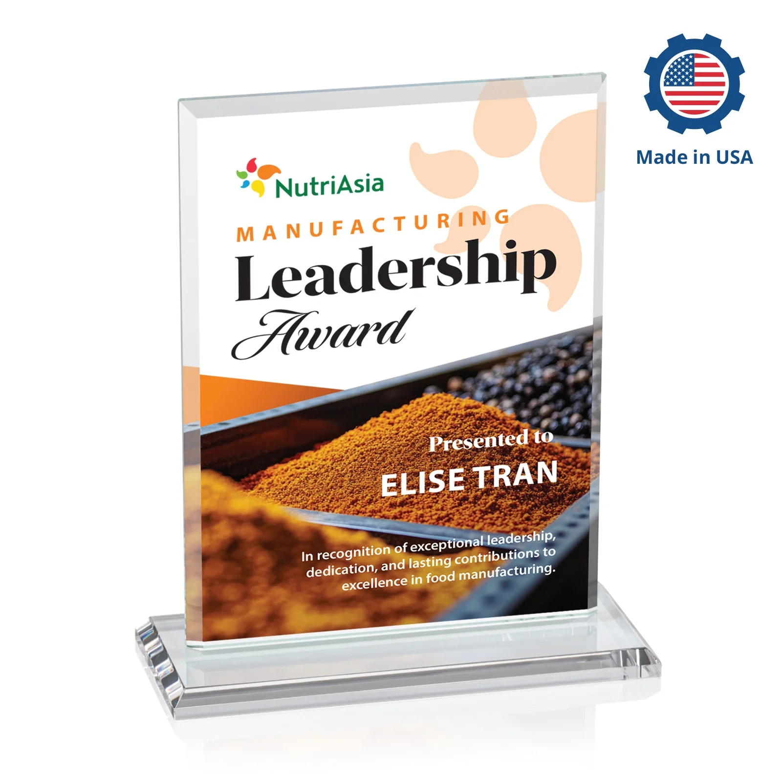 Custom printed Starfire Crystal Rectangle Award, Bevel on Body and Base, awards for dealer and partner awards