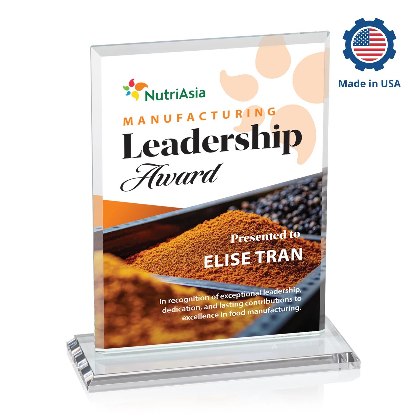 Custom printed Starfire Crystal Rectangle Award, Bevel on Body and Base, awards for company anniversary events