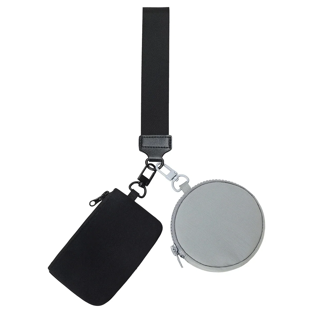 Vogue Wrist Wallet Set shown unbranded, wallet pouch and round coin pouch clipped to the wrist strap