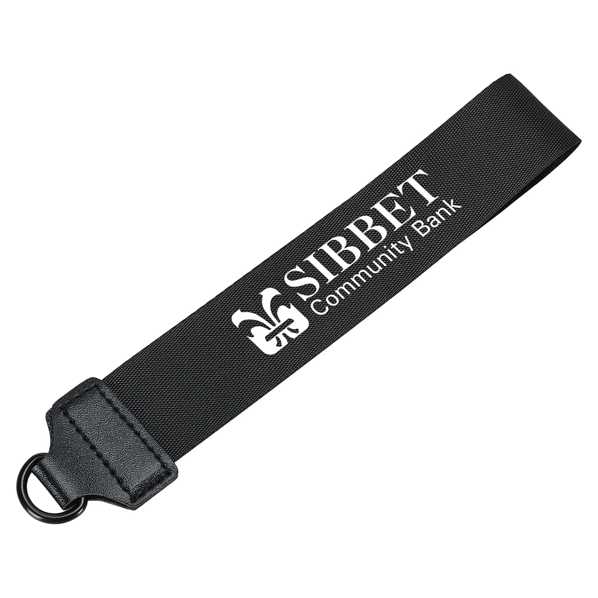 Close-up of the Vogue Wrist Wallet's nylon wrist strap and its custom imprint