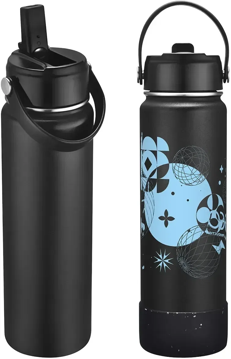 Branded Volare stainless steel bottle showing the one-handed flip-top spout, promotional custom drinkware