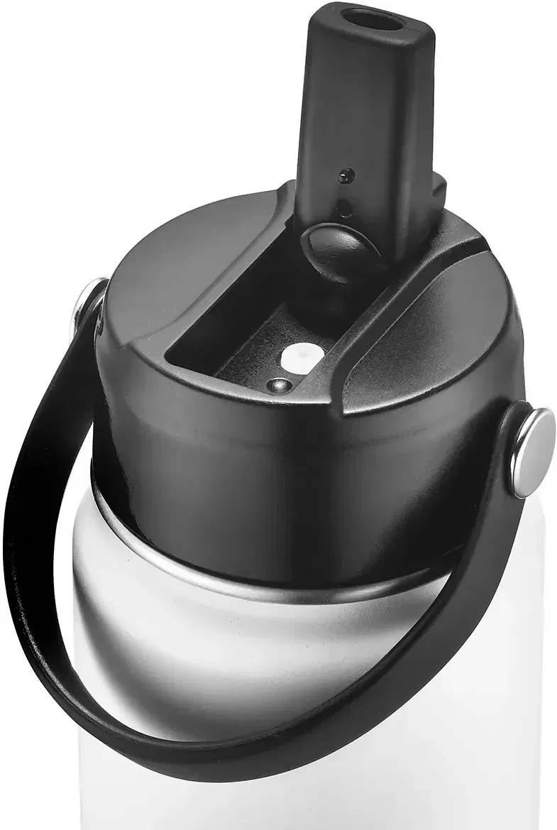 Volare flip-top vacuum bottle with lid open, custom branded promotional stainless steel drinkware