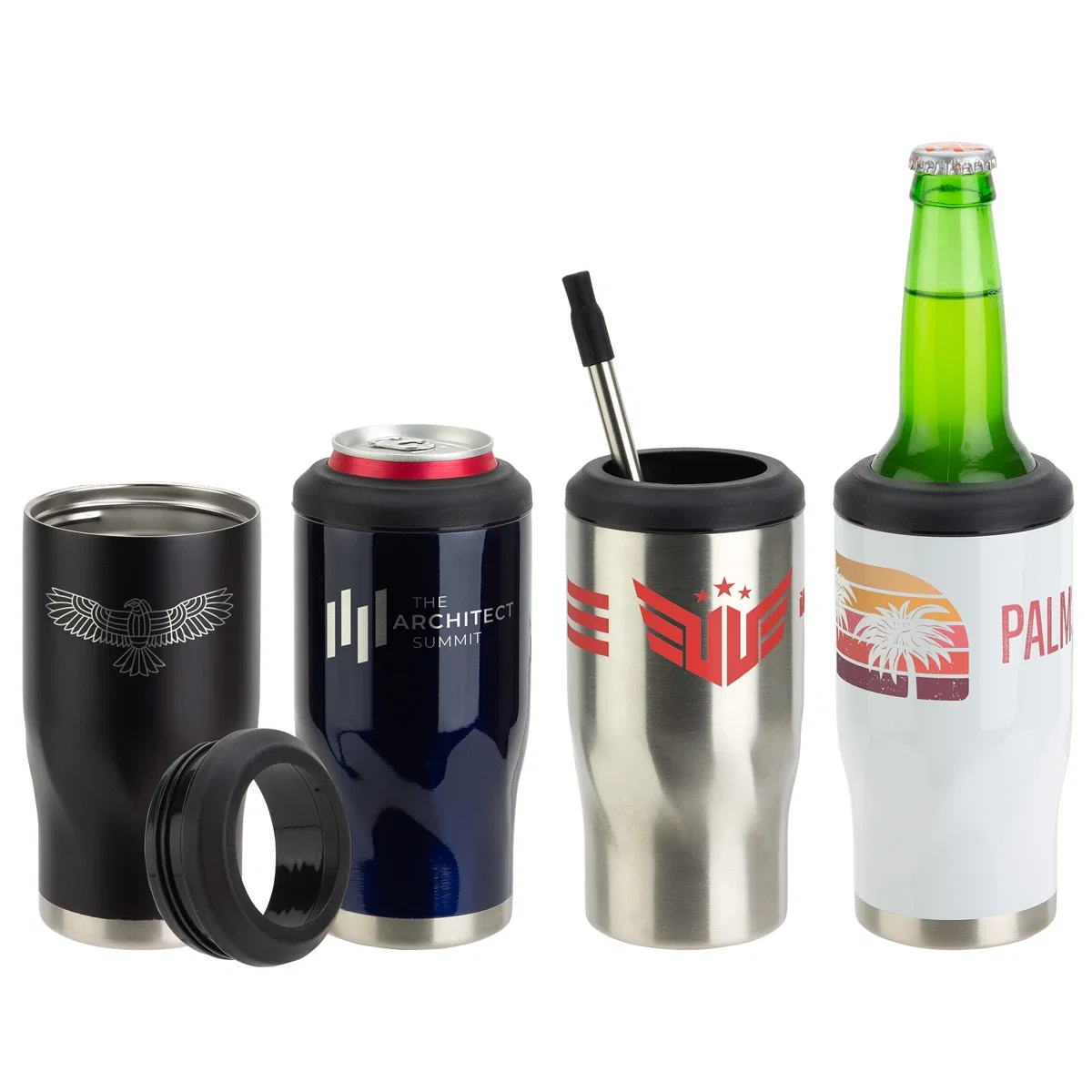 Vortex 4-in-1 stainless steel can cooler with custom logo, hero view