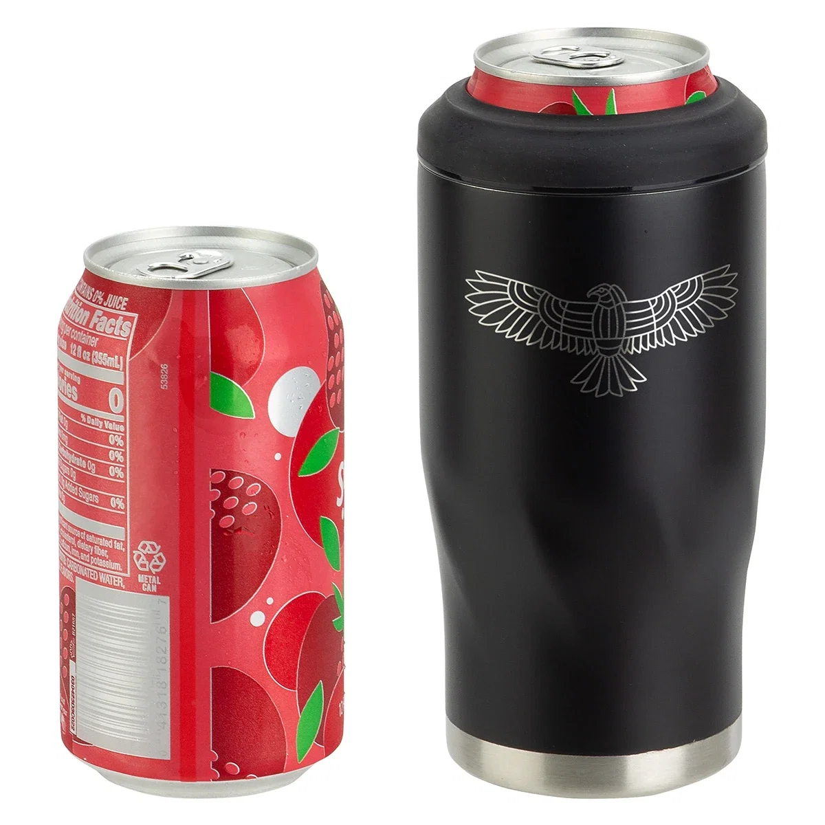 Custom branded Vortex can cooler holding a can, in-use detail
