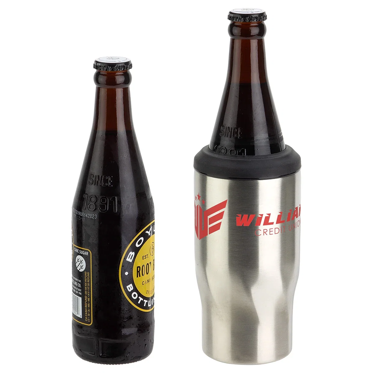 Vortex stainless can cooler, lid and adapter close-up