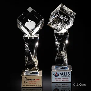 Optical Crystal Spinning Cube Award on Metal-Finished Crystal Base