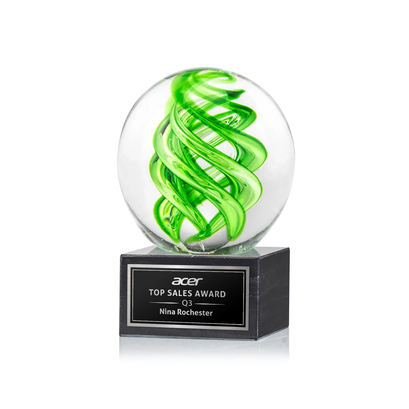 Custom Glass Sphere Award With Lime Green Swirl for corporate award ceremonies