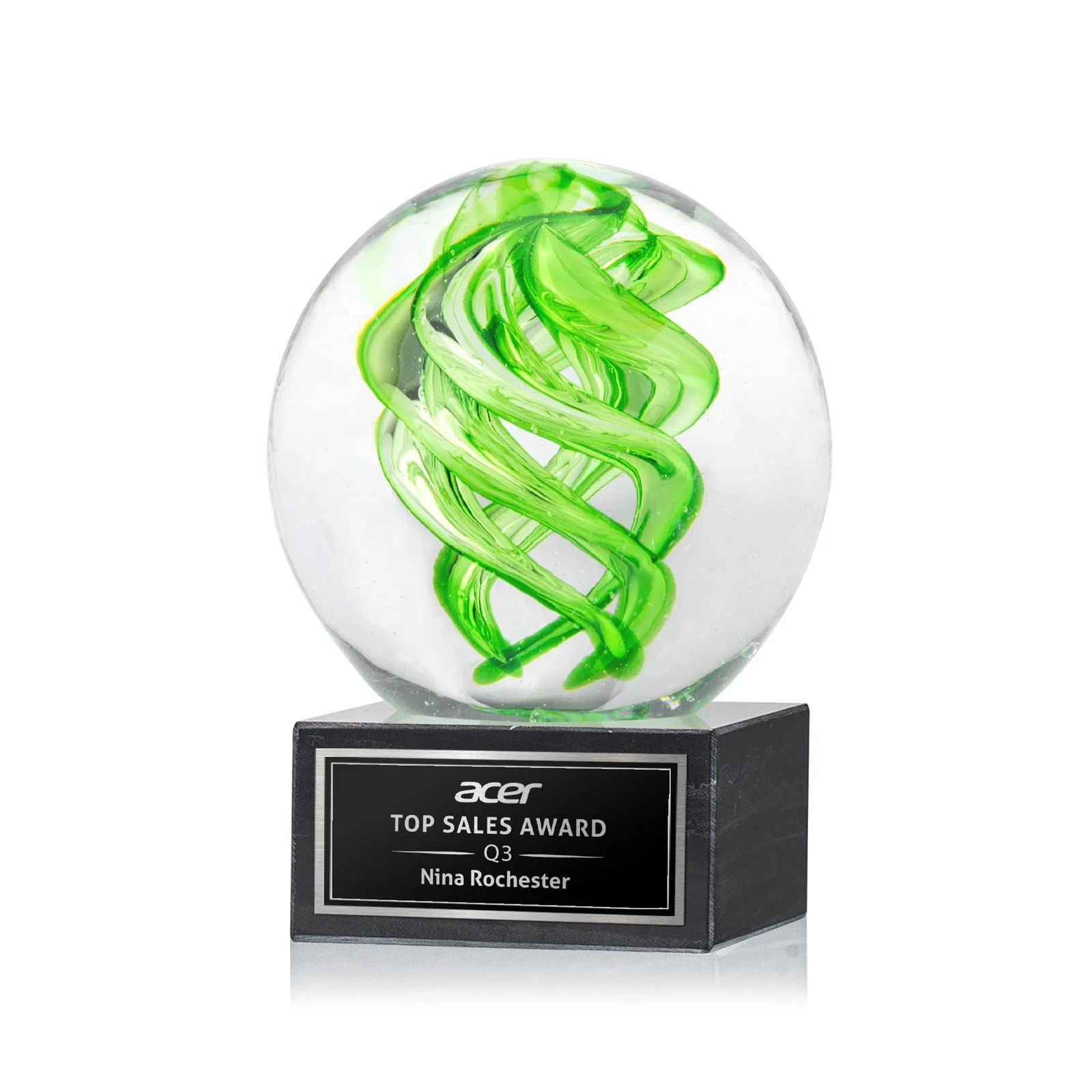 Custom Glass Sphere Award With Lime Green Swirl for service anniversary gifts
