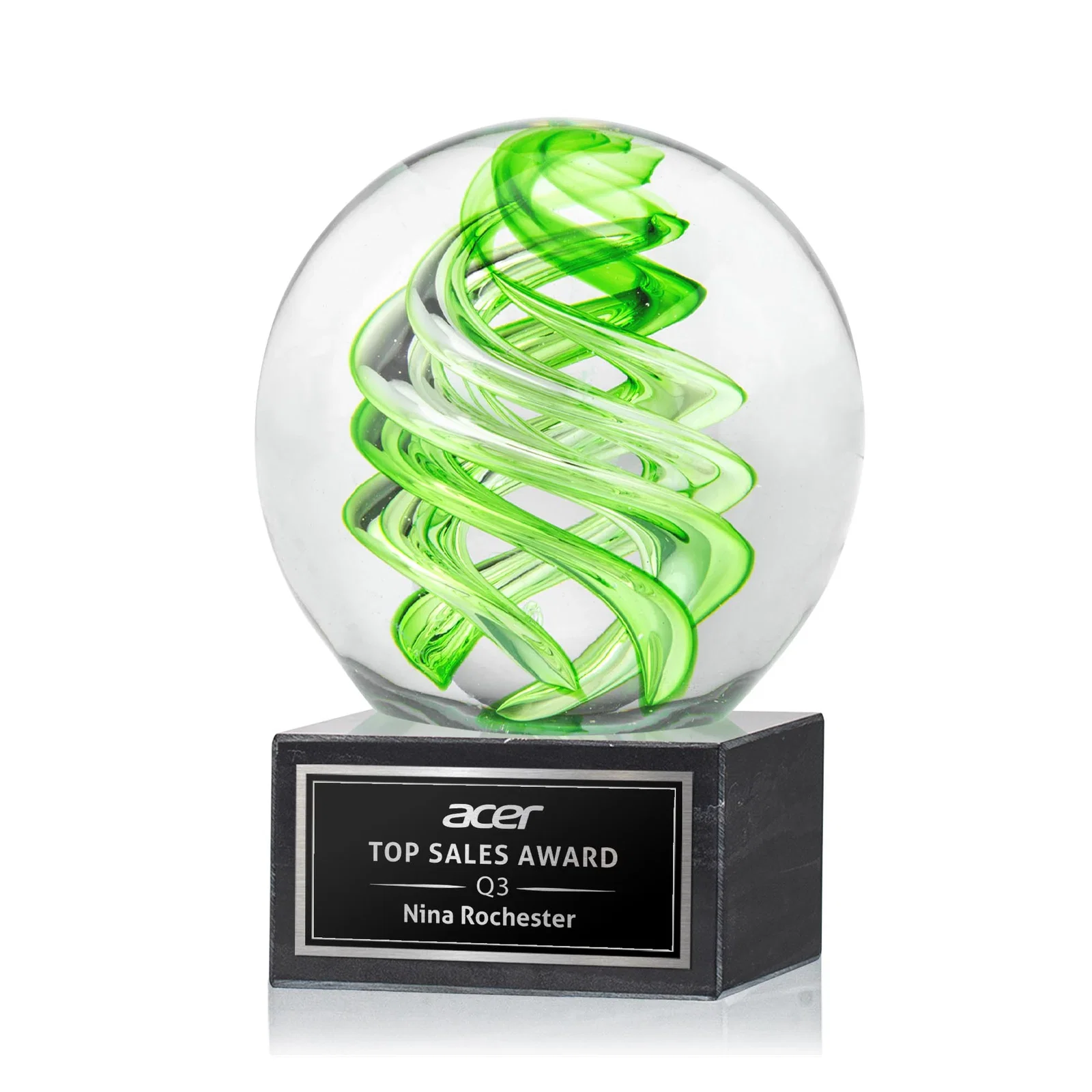 Custom Glass Sphere Award With Lime Green Swirl for sales achievement awards