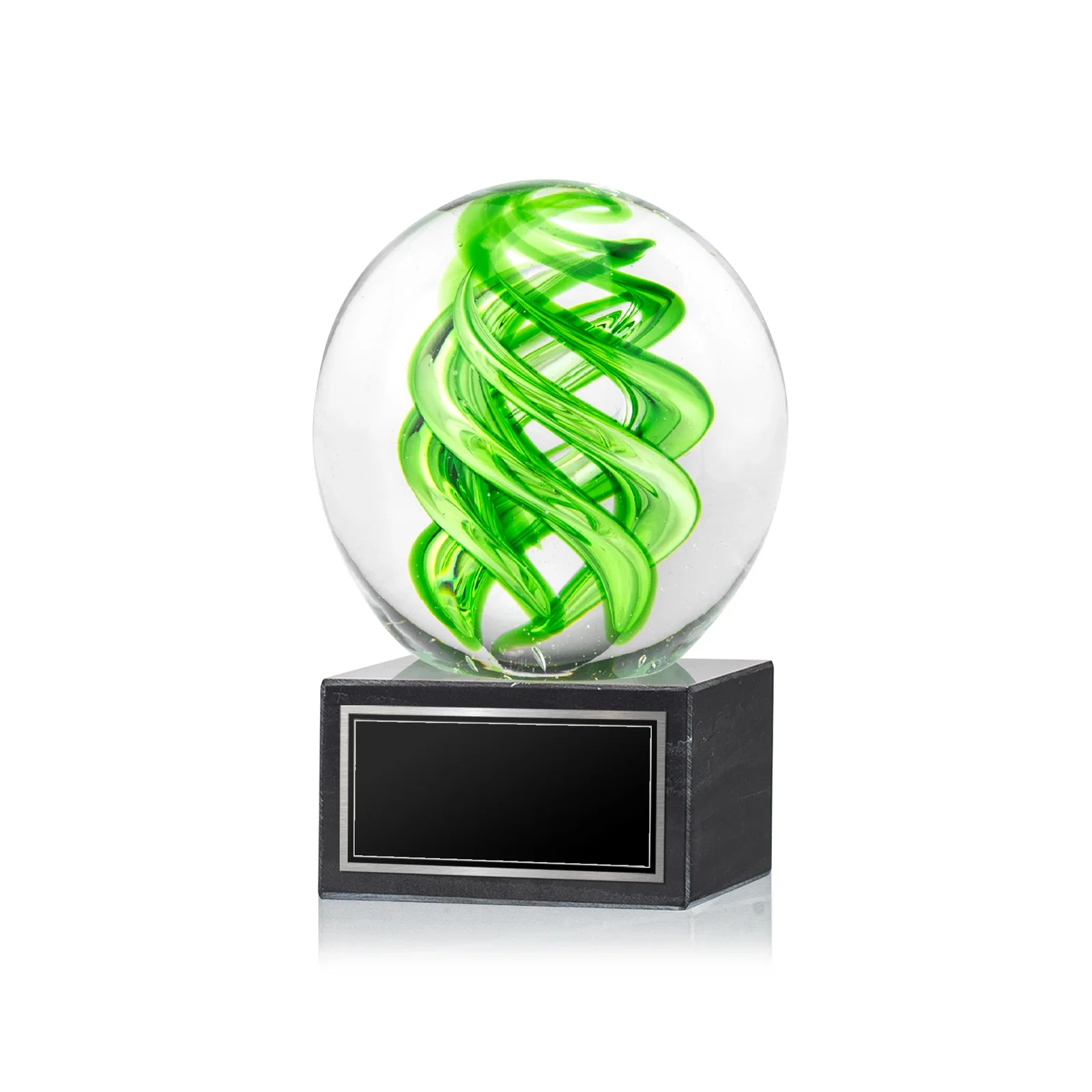 Custom Glass Sphere Award With Lime Green Swirl for team milestone celebrations