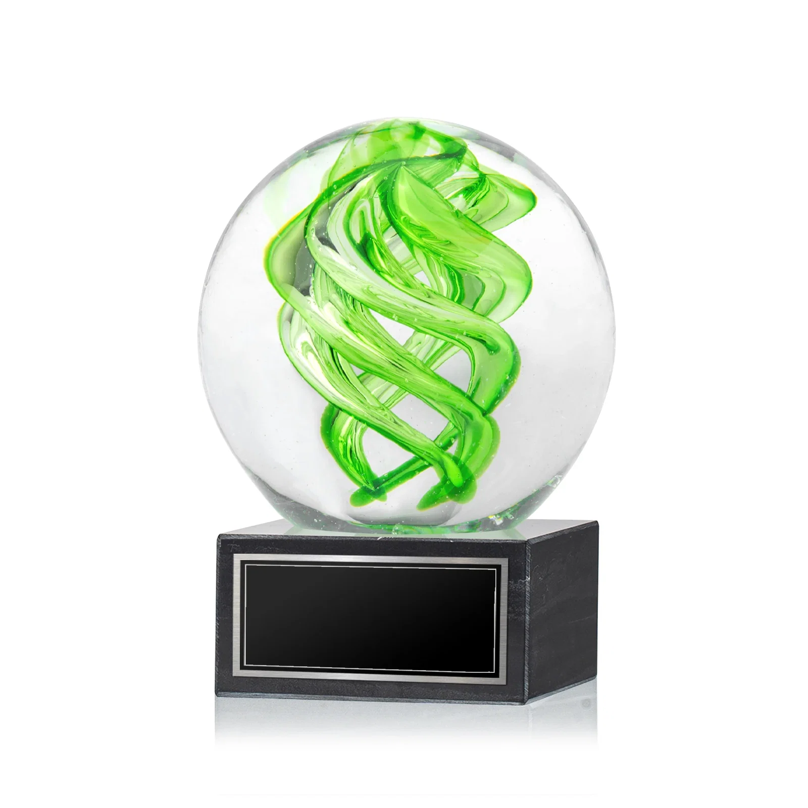 Custom Glass Sphere Award With Lime Green Swirl for donor appreciation