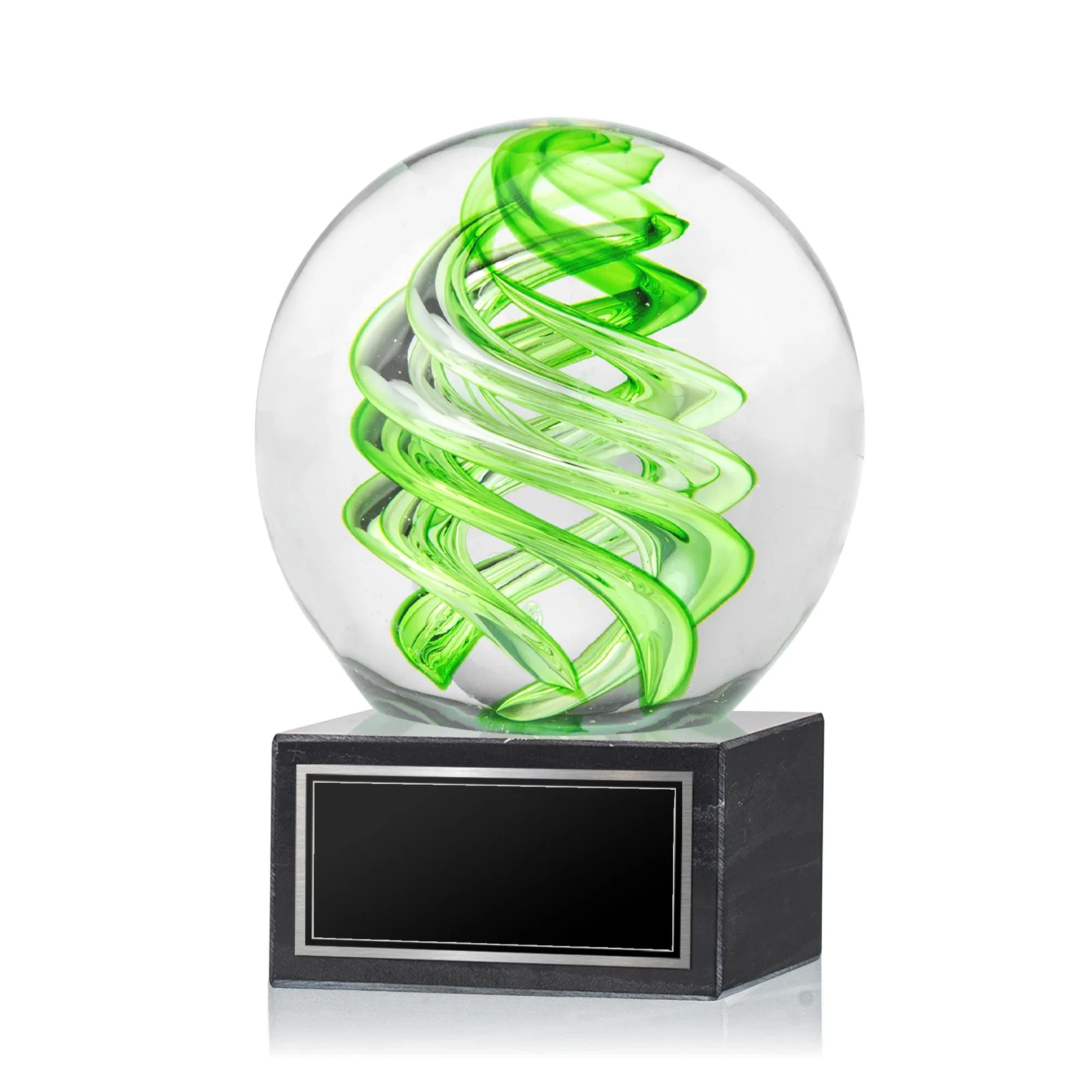 Custom Glass Sphere Award With Lime Green Swirl for graduation ceremonies