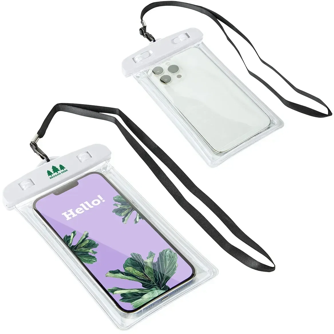 Branded Voyage waterproof phone pouch shown holding a phone with visible screen and logo