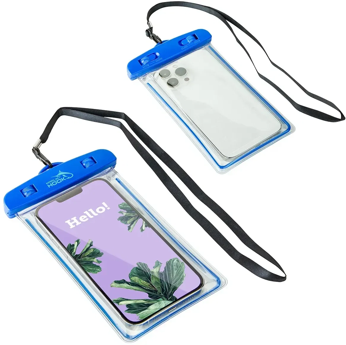 Back view of the custom Voyage IPX-8 waterproof phone pouch with lanyard and logo area