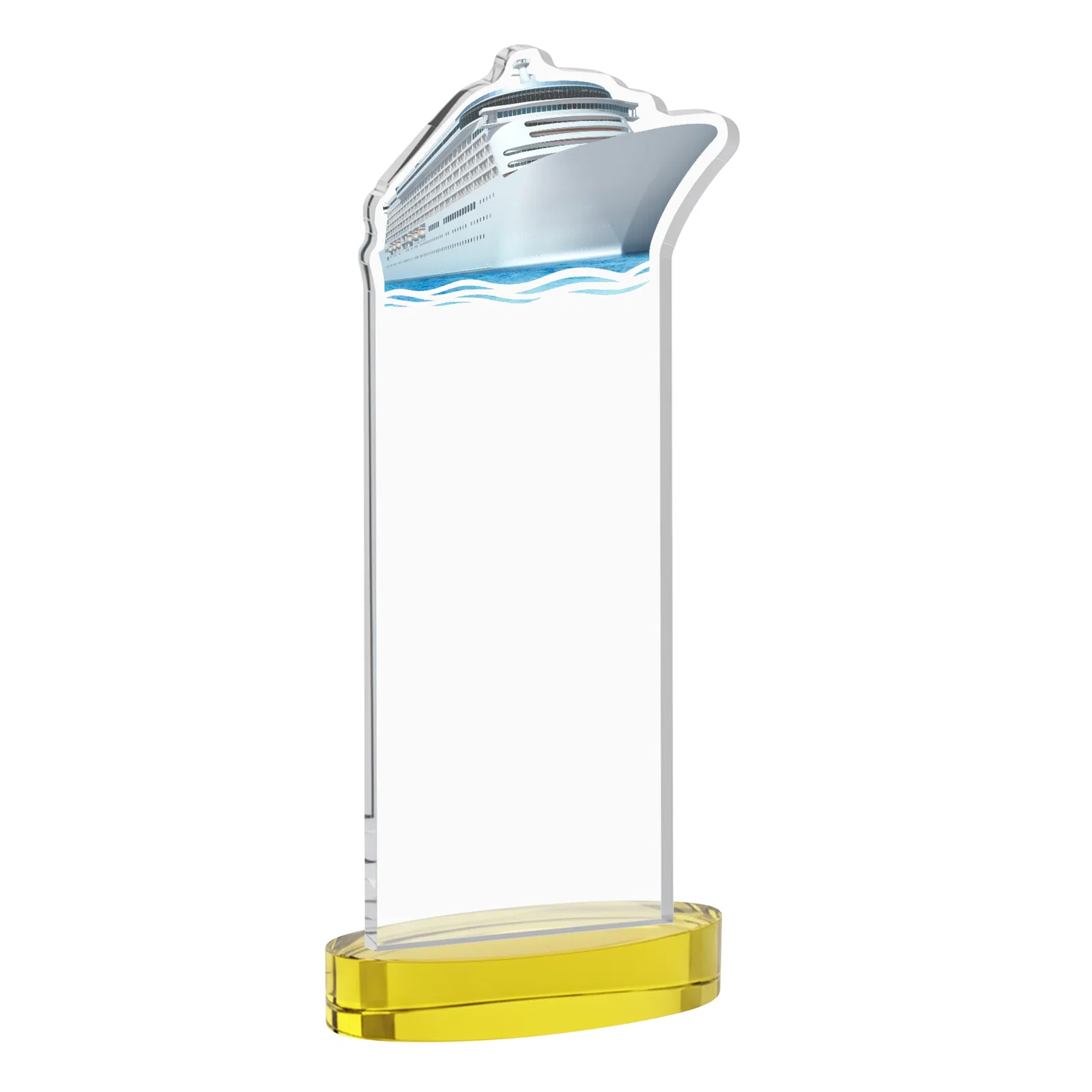 Custom engraved Starfire Crystal Ship Cutout Award on Oval Base for dealer and partner awards