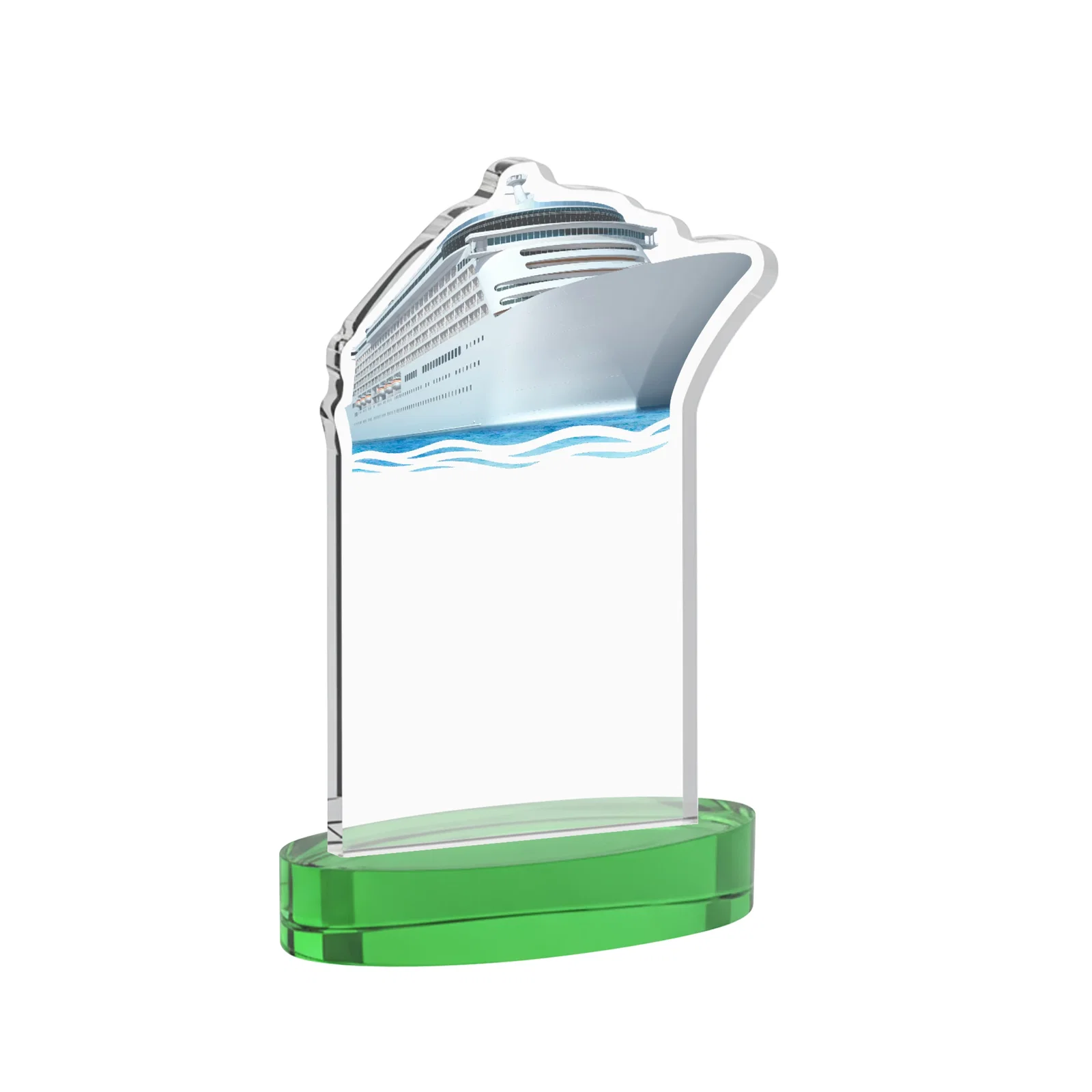 Custom engraved Starfire Crystal Ship Cutout Award on Oval Base for company anniversary events