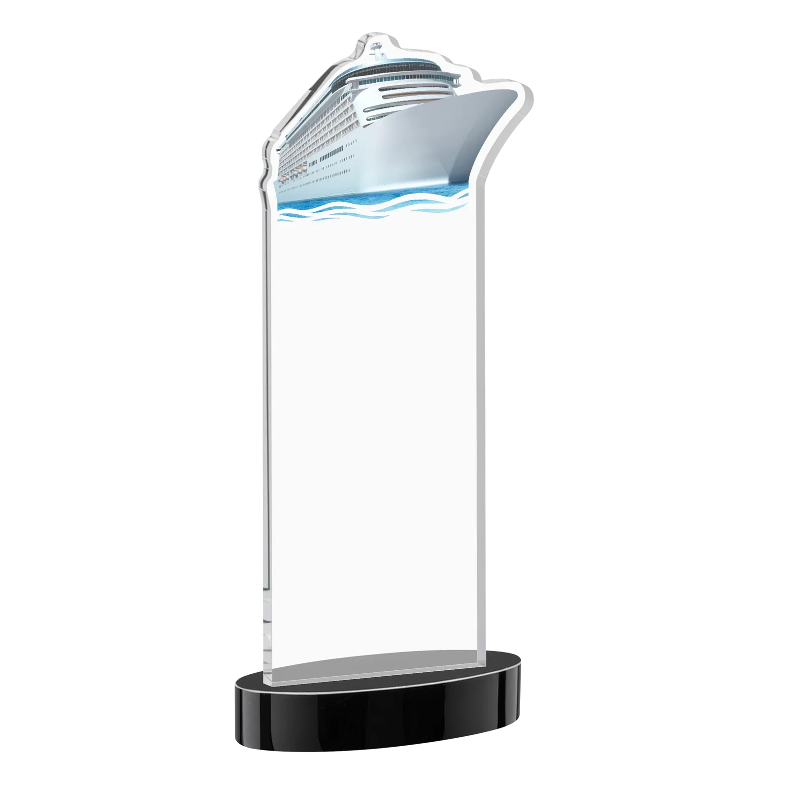 Custom Starfire Crystal Ship Cutout Award on Oval Base, with your logo for retirement presentations