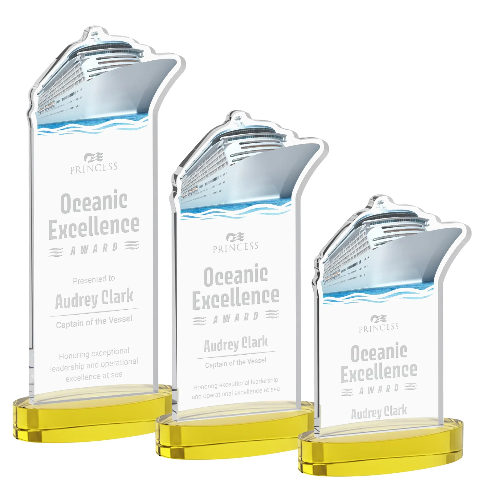 Custom Starfire Crystal Ship Cutout Award on Oval Base for volunteer appreciation