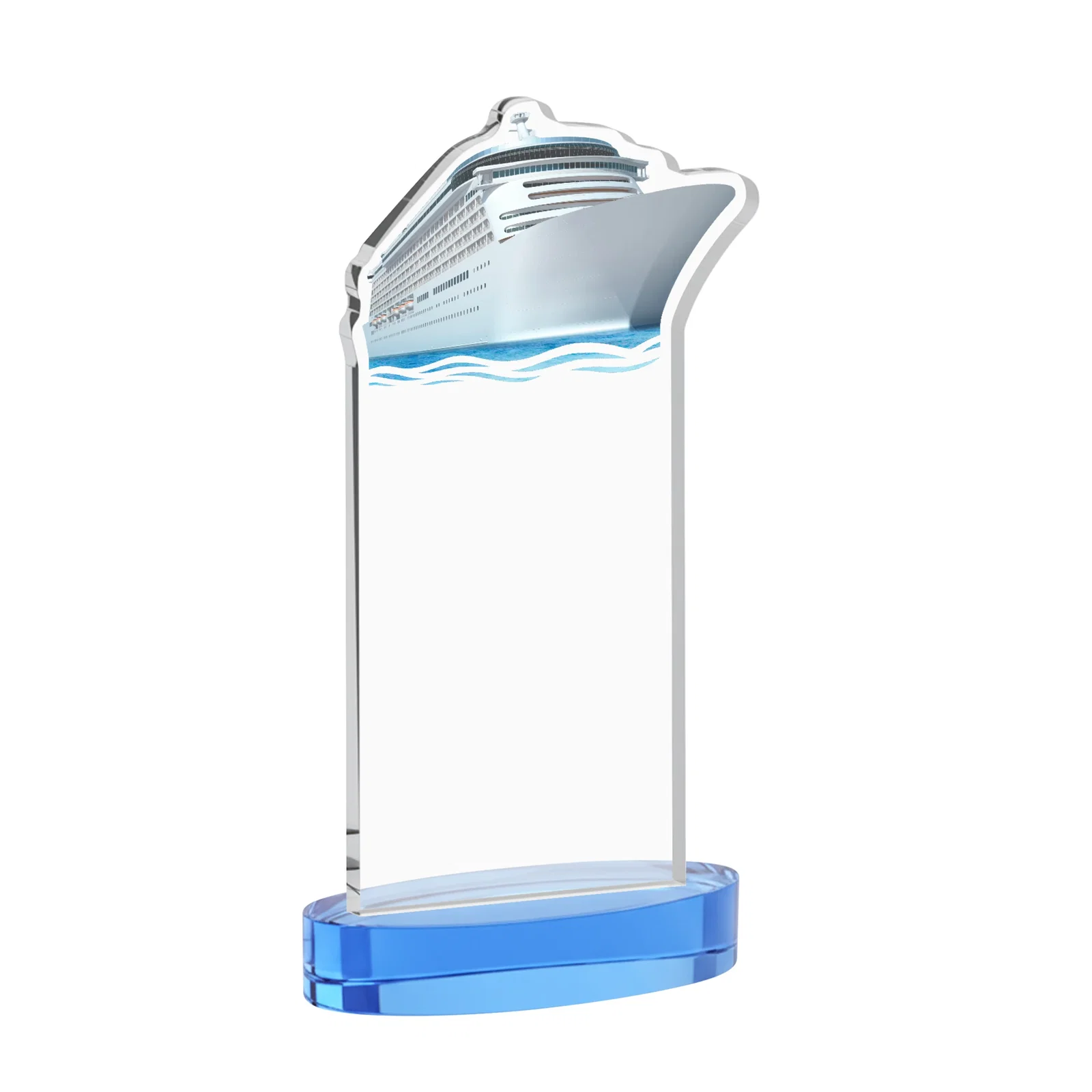 Personalized Starfire Crystal Ship Cutout Award on Oval Base, with your logo for employee recognition