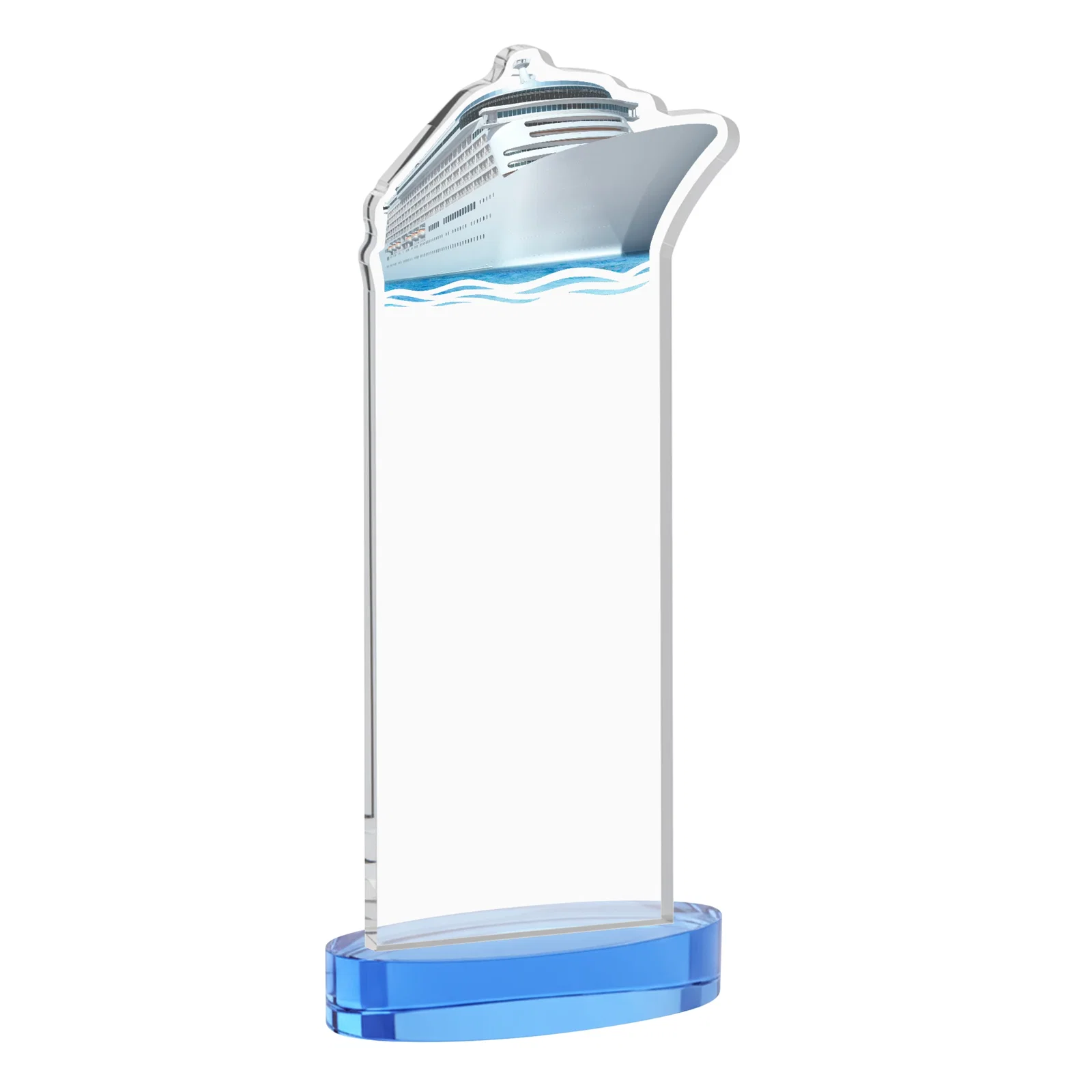 Personalized Starfire Crystal Ship Cutout Award on Oval Base, with your logo for corporate award ceremonies