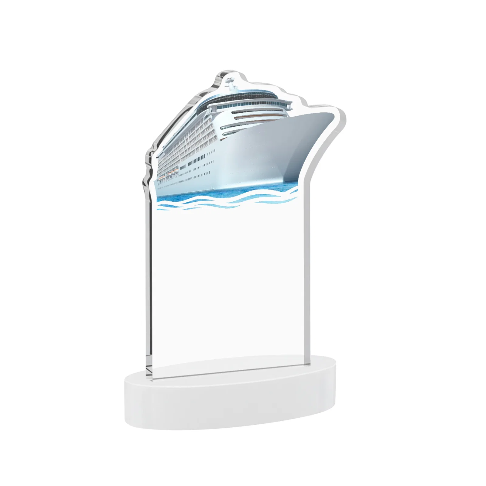 Personalized Starfire Crystal Ship Cutout Award on Oval Base, with your logo for service anniversary gifts