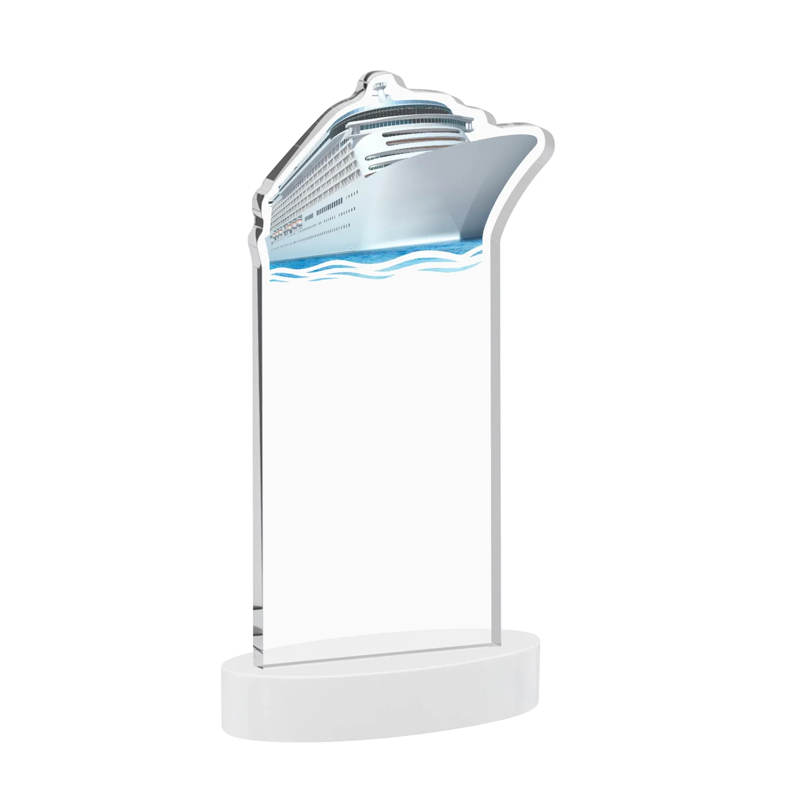 Personalized Starfire Crystal Ship Cutout Award on Oval Base, with your logo for sales achievement awards