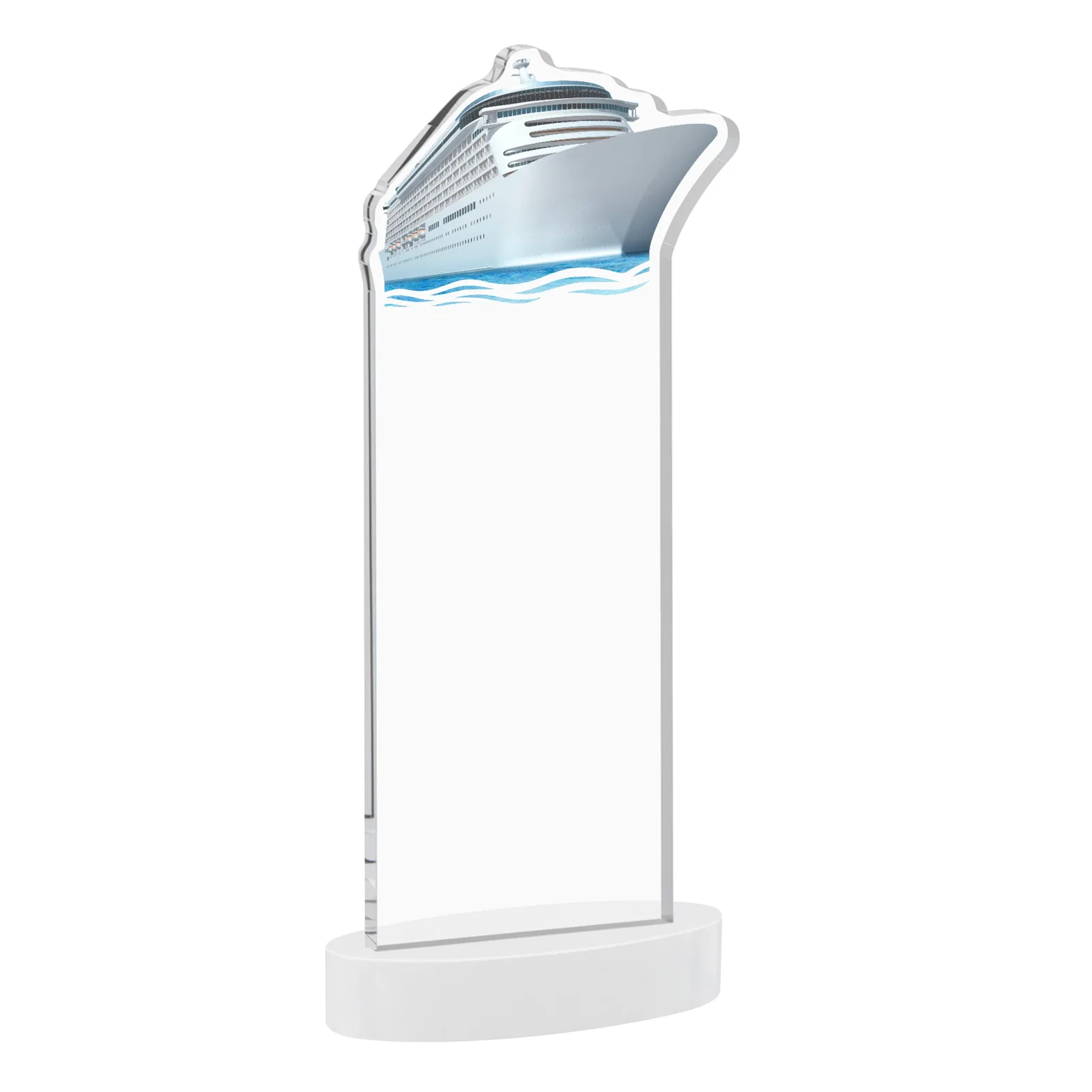 Personalized Starfire Crystal Ship Cutout Award on Oval Base, with your logo for retirement presentations