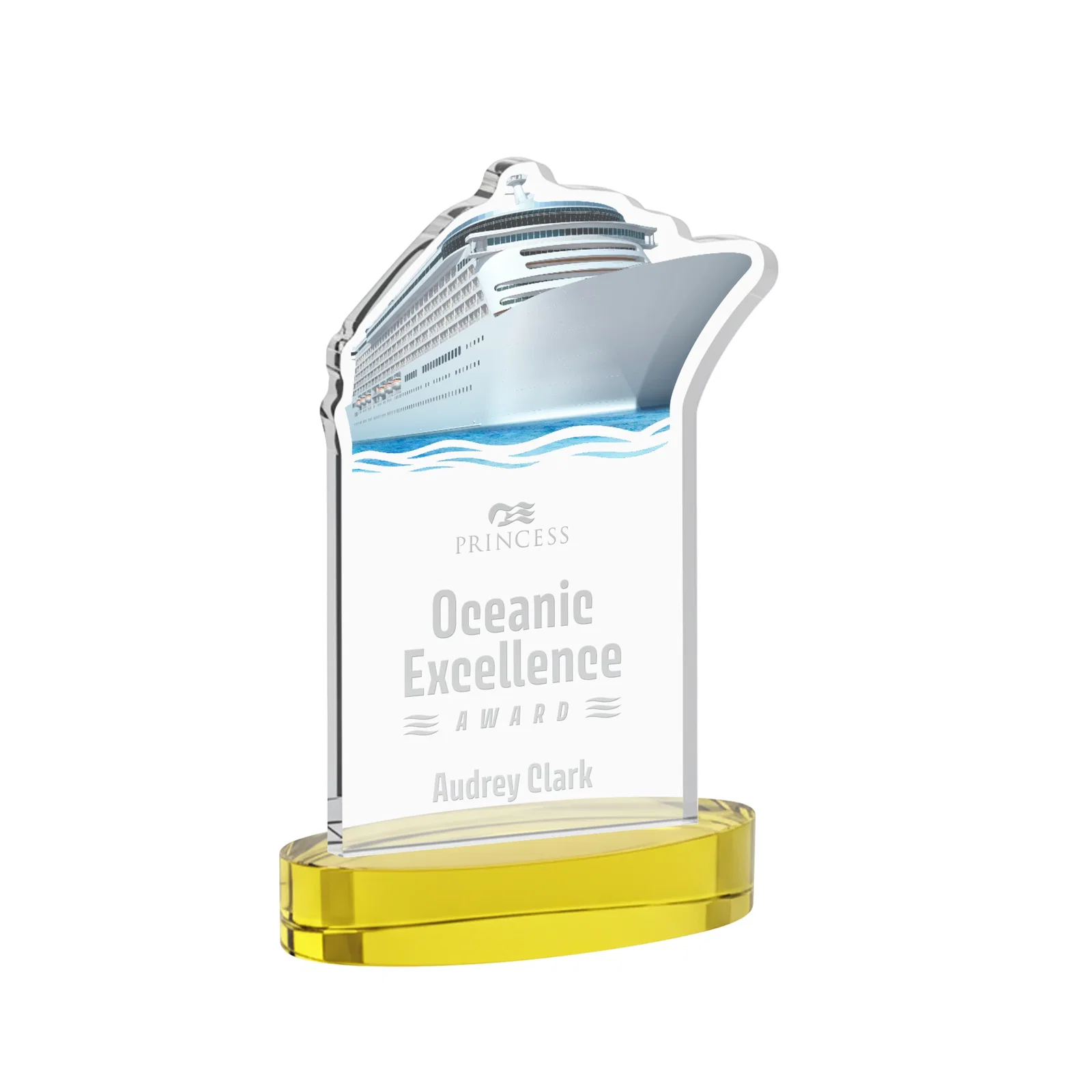 Custom Starfire Crystal Ship Cutout Award on Oval Base for dealer and partner awards