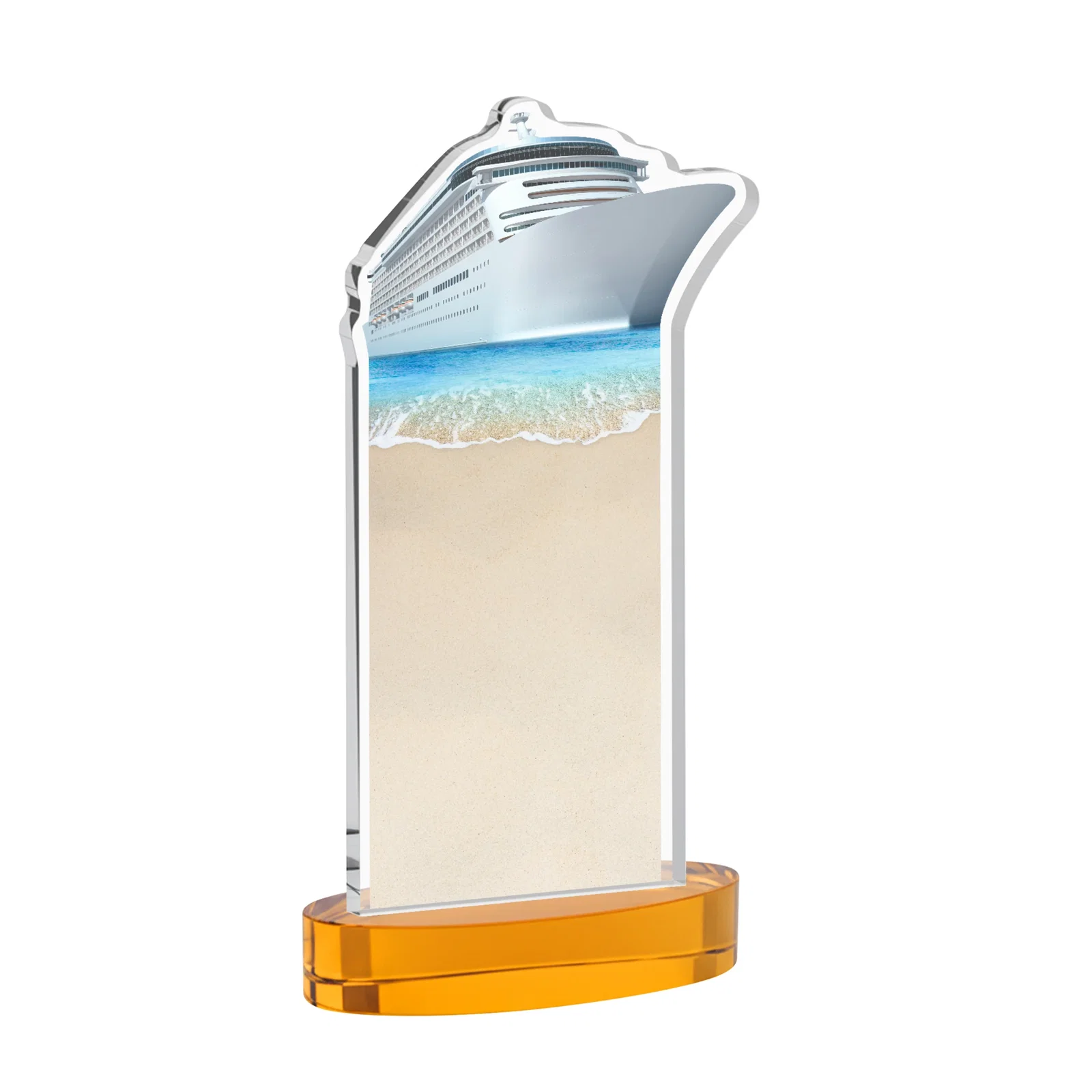 Personalized Starfire Crystal Ship Cutout Award on Oval Base, with your logo for volunteer appreciation