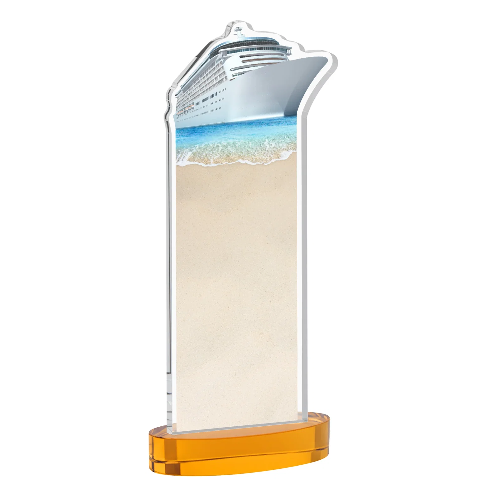 Personalized Starfire Crystal Ship Cutout Award on Oval Base, with your logo for dealer and partner awards