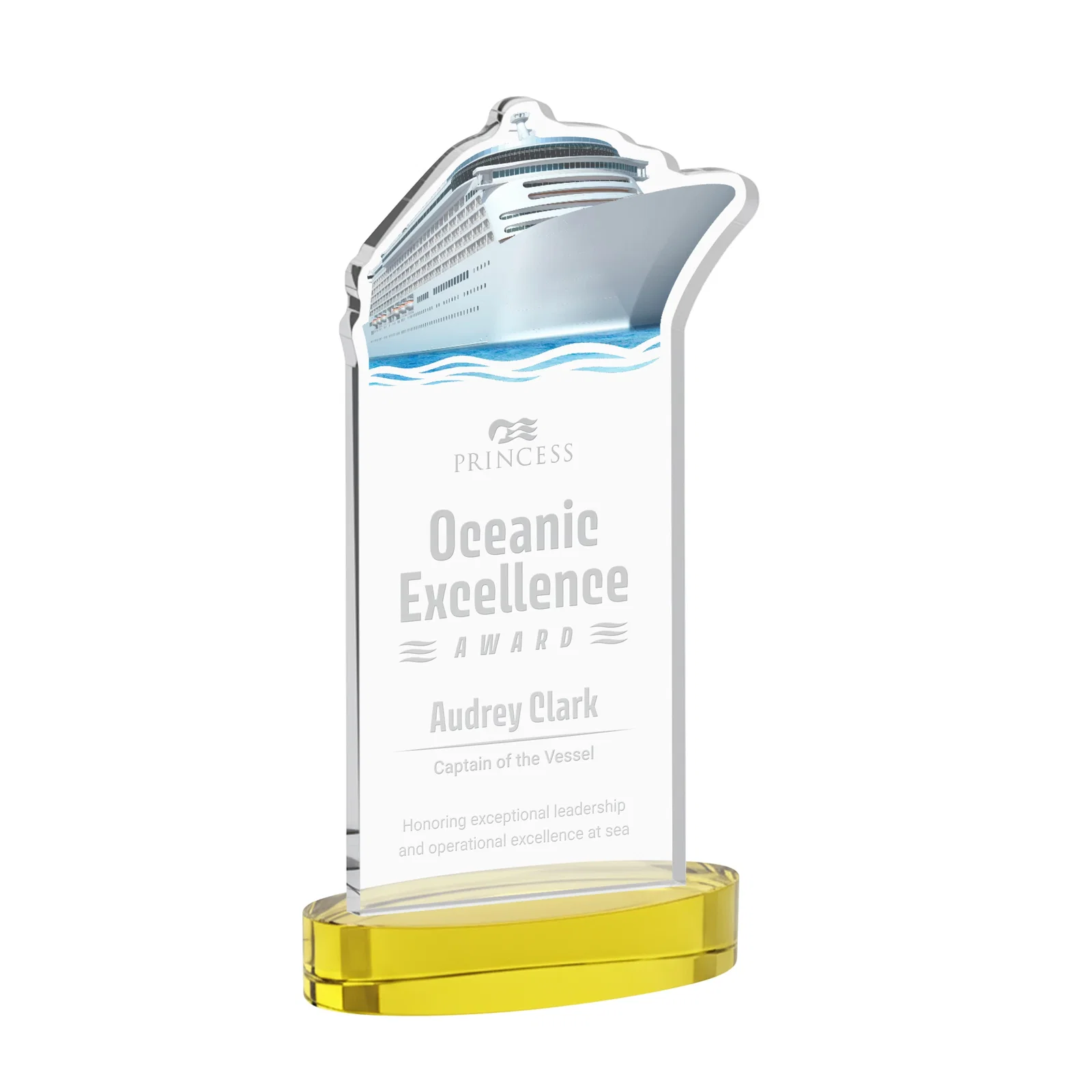 Custom Starfire Crystal Ship Cutout Award on Oval Base for company anniversary events