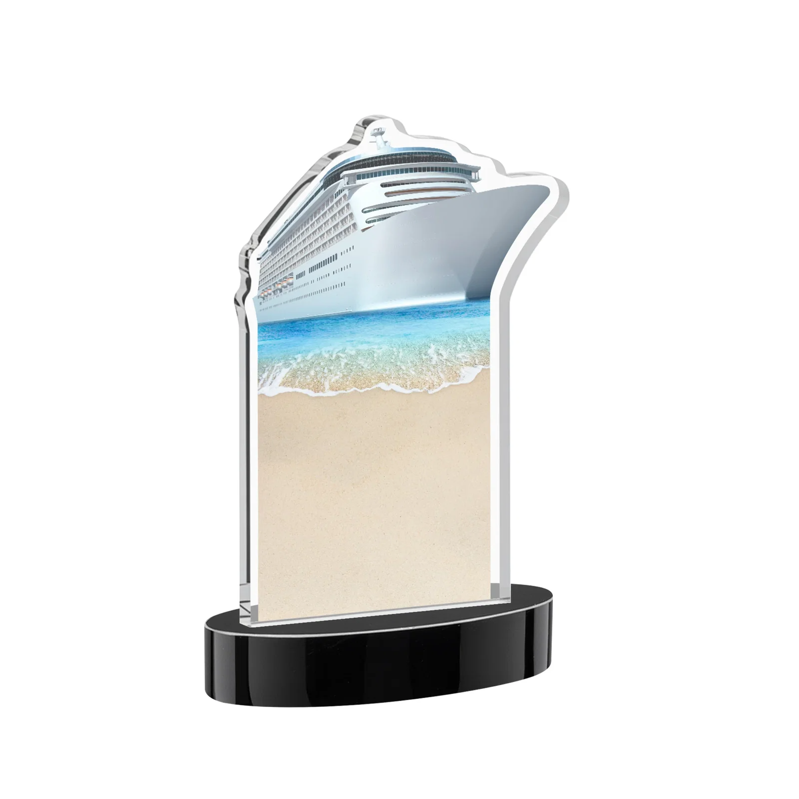 Promotional Starfire Crystal Ship Cutout Award on Oval Base, with your logo for team milestone celebrations