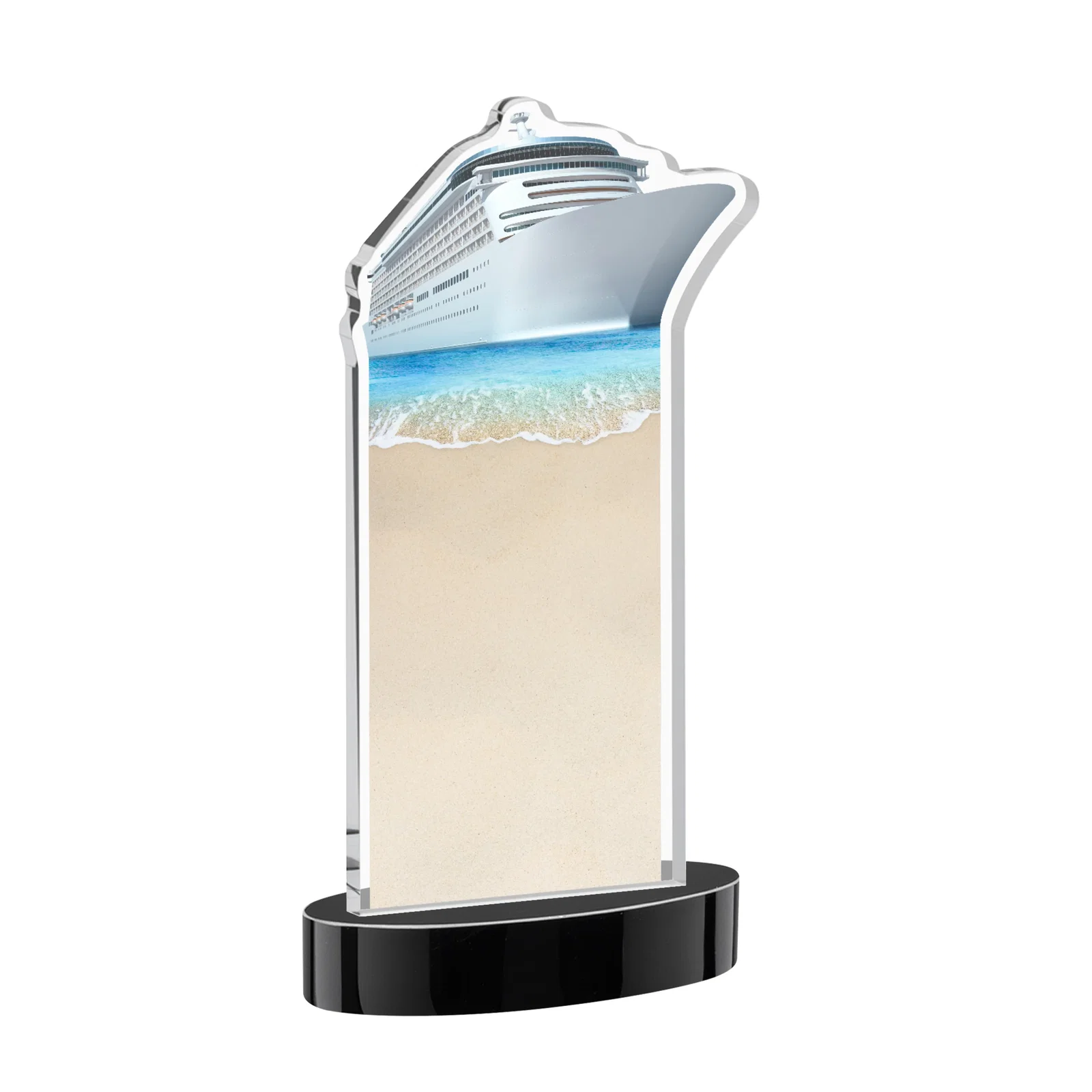 Promotional Starfire Crystal Ship Cutout Award on Oval Base, with your logo for donor appreciation