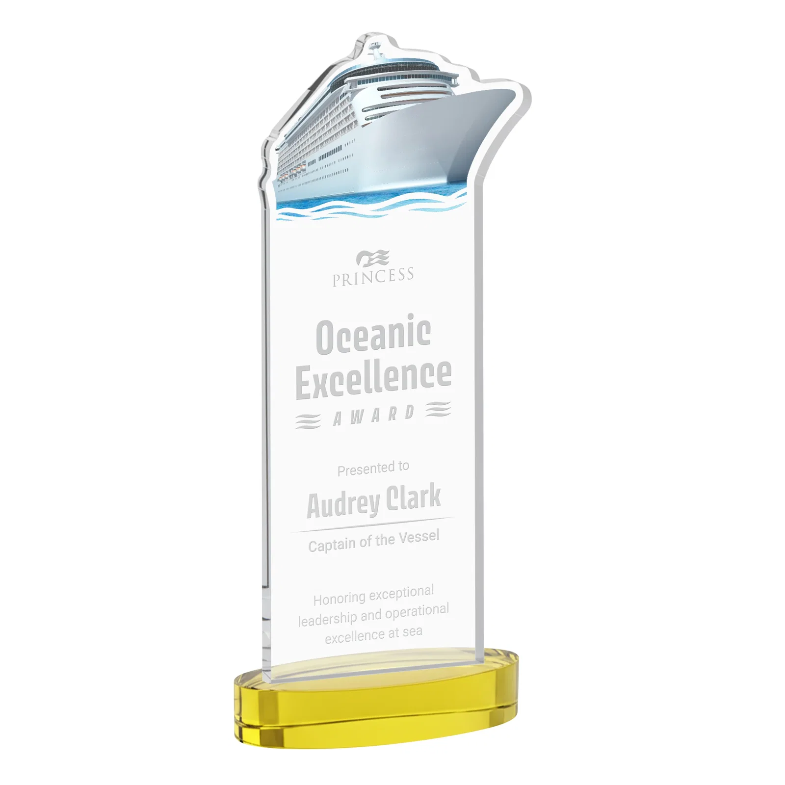 Personalized Starfire Crystal Ship Cutout Award on Oval Base for employee recognition