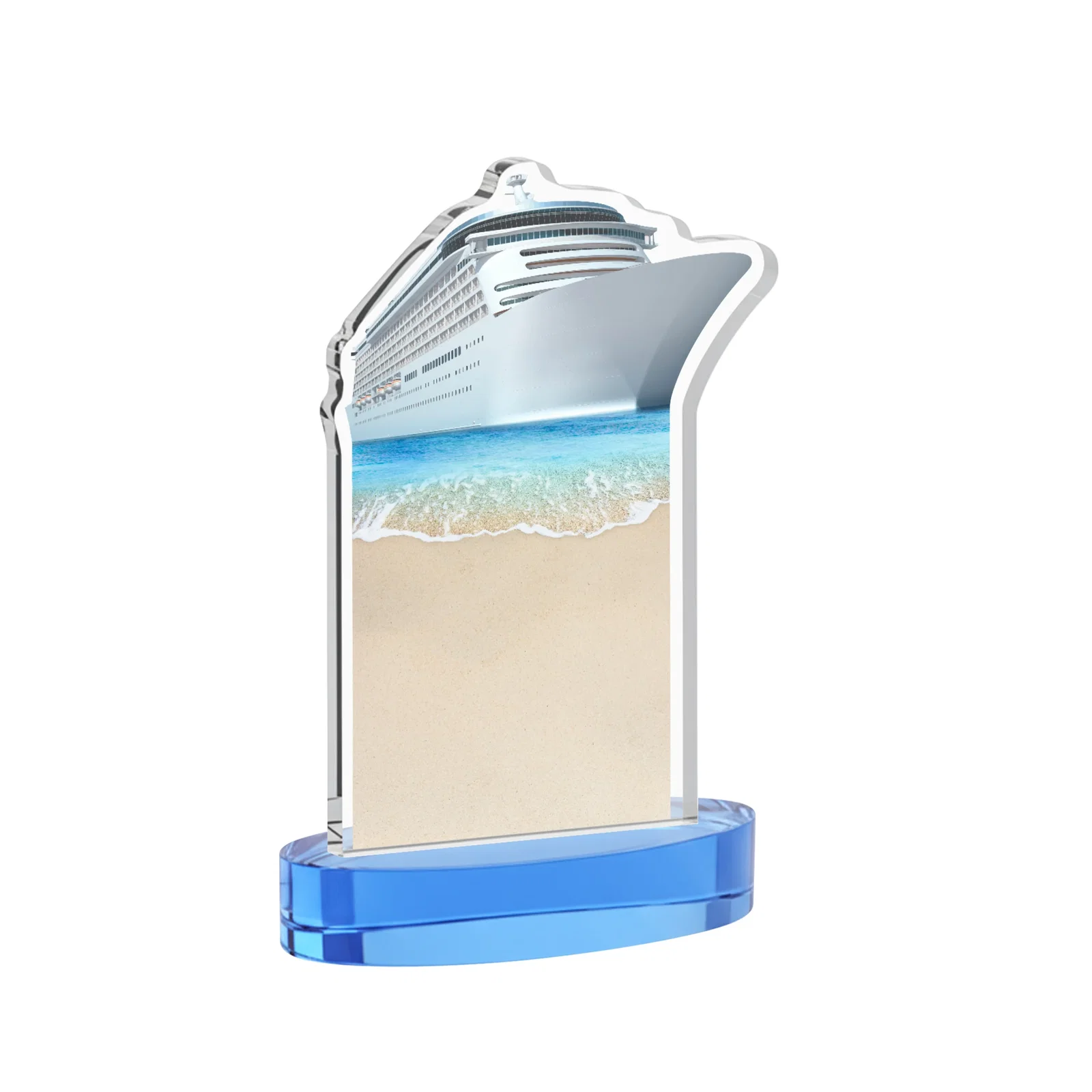 Branded Starfire Crystal Ship Cutout Award on Oval Base, with your logo for service anniversary gifts
