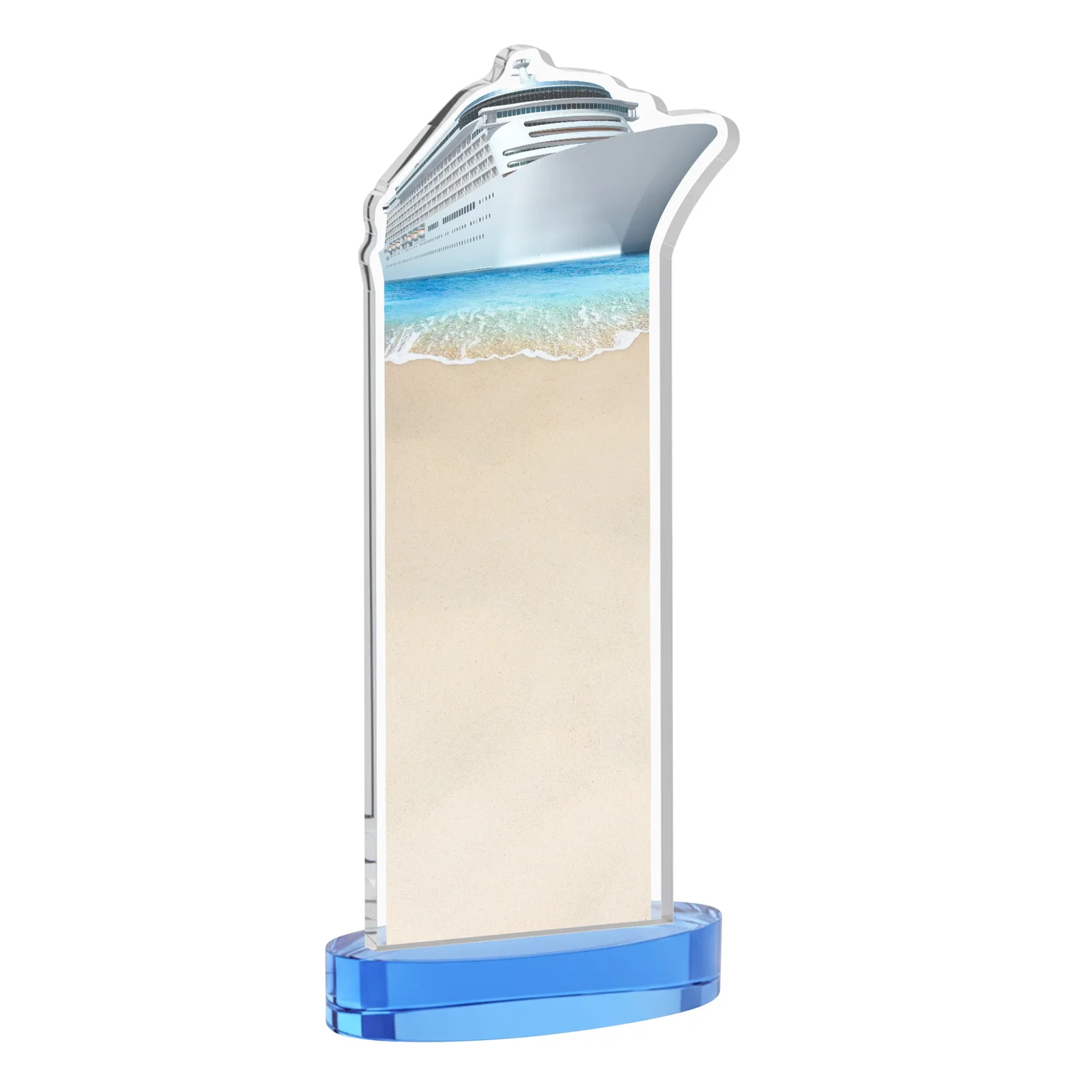 Branded Starfire Crystal Ship Cutout Award on Oval Base, with your logo for retirement presentations