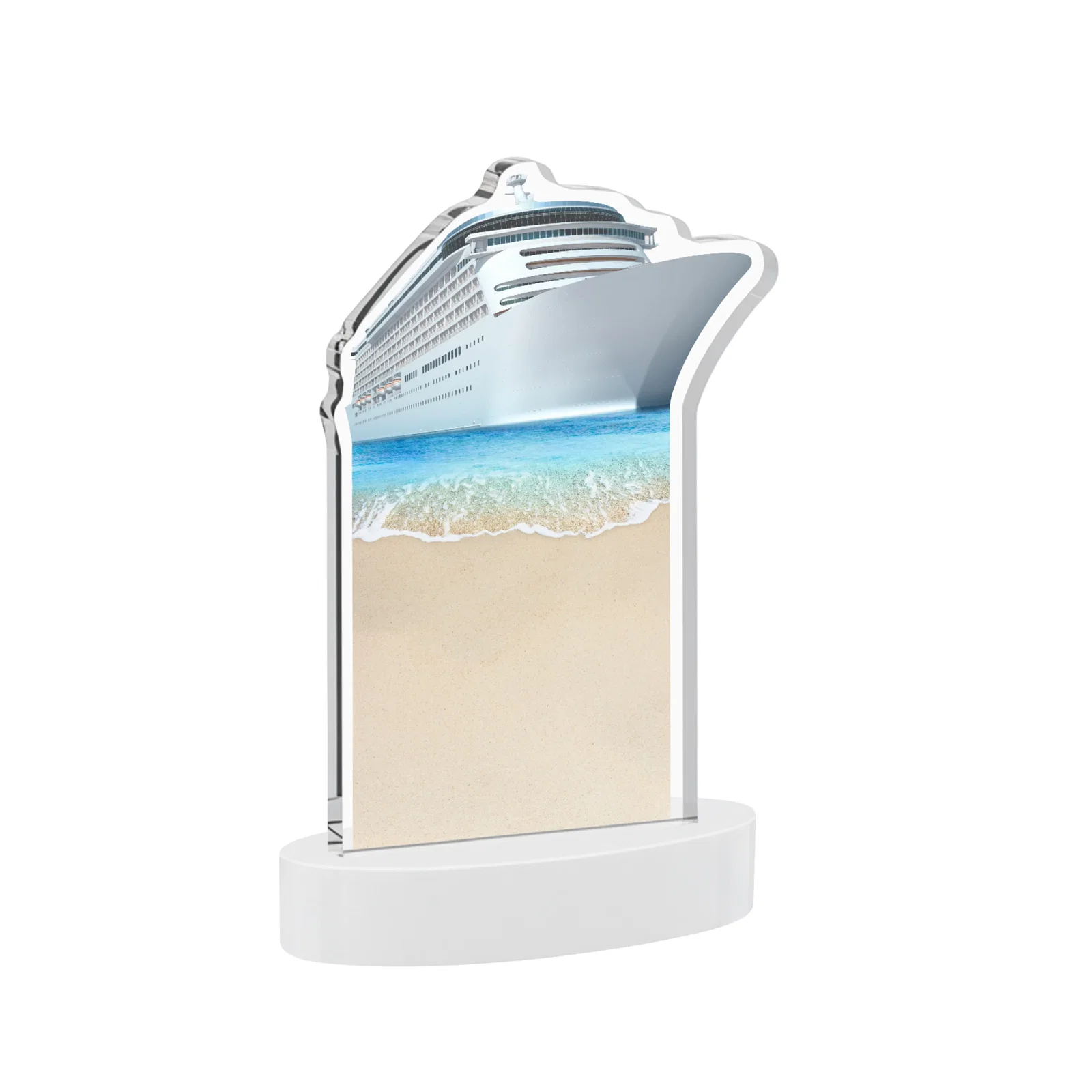 Branded Starfire Crystal Ship Cutout Award on Oval Base, with your logo for team milestone celebrations