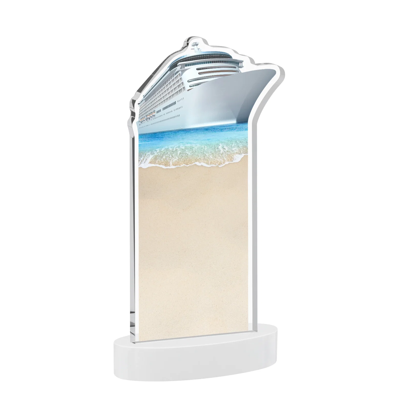 Branded Starfire Crystal Ship Cutout Award on Oval Base, with your logo for donor appreciation