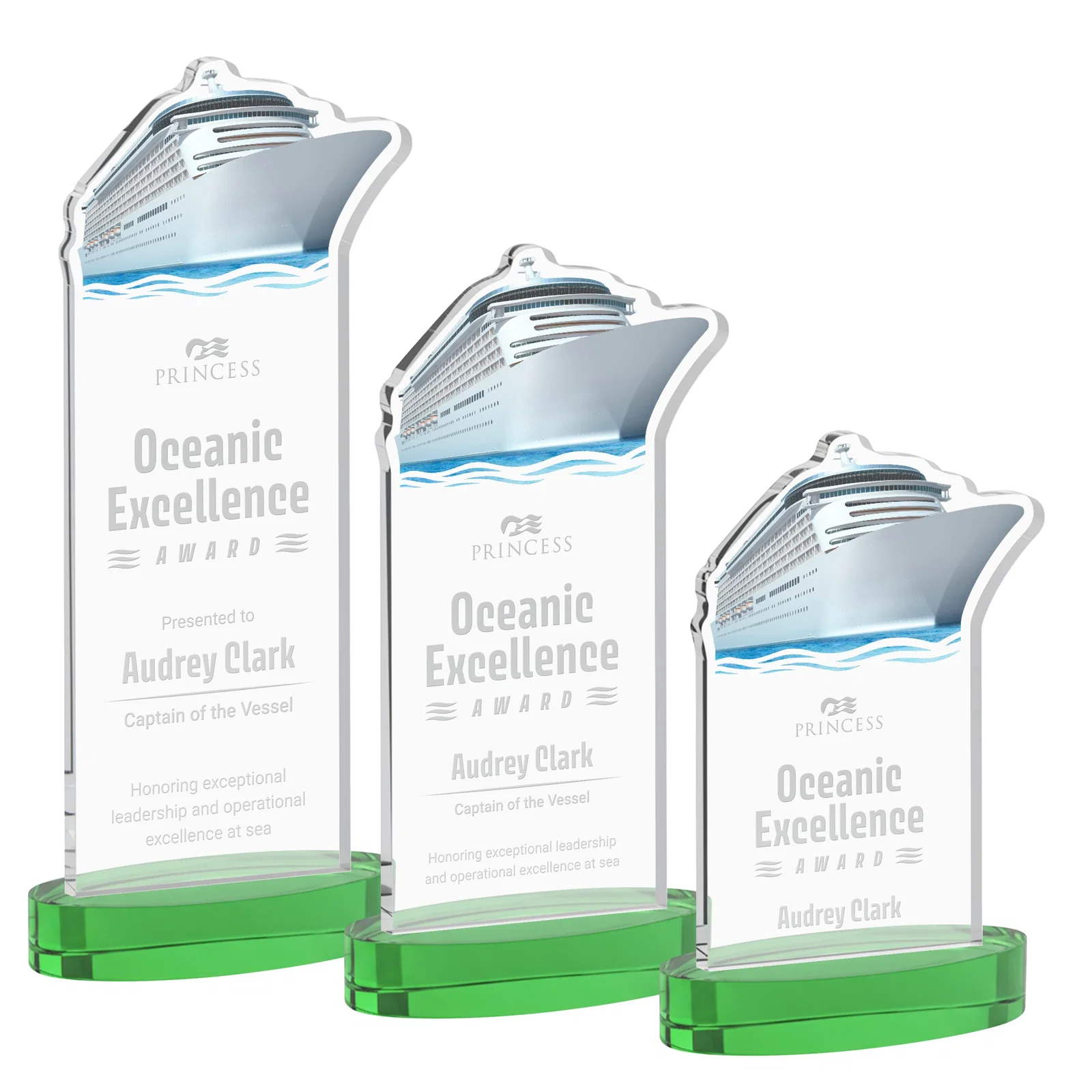 Personalized Starfire Crystal Ship Cutout Award on Oval Base for corporate award ceremonies