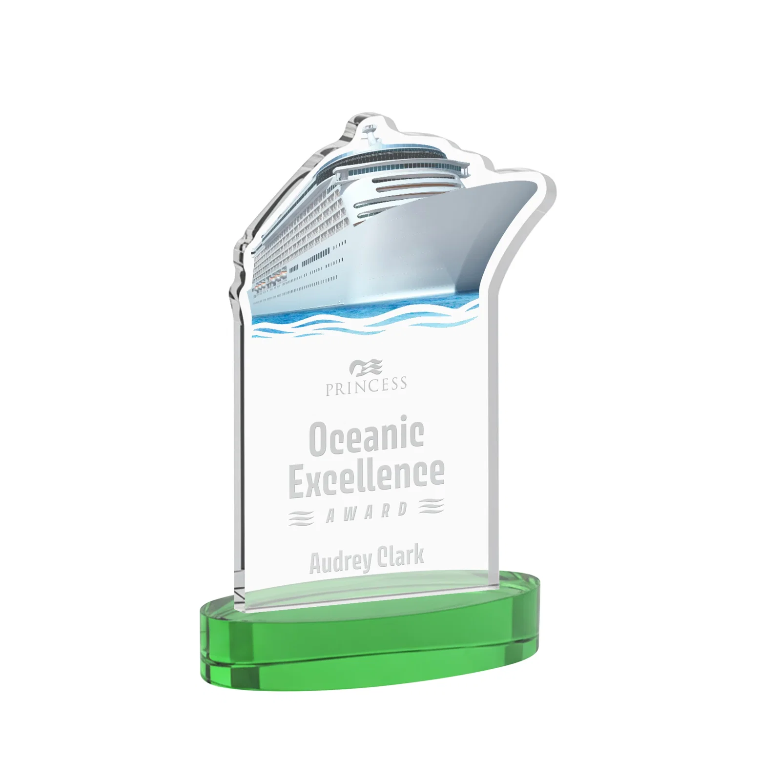 Personalized Starfire Crystal Ship Cutout Award on Oval Base for service anniversary gifts