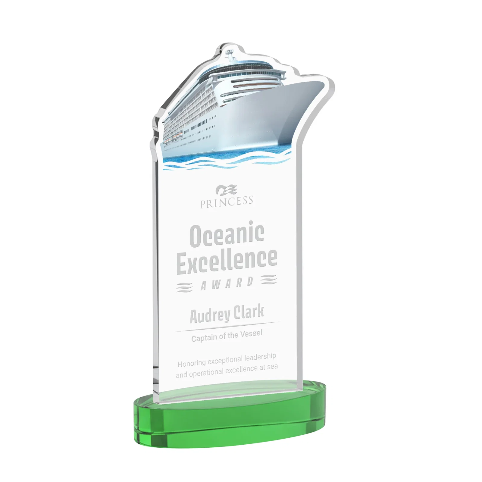 Personalized Starfire Crystal Ship Cutout Award on Oval Base for sales achievement awards