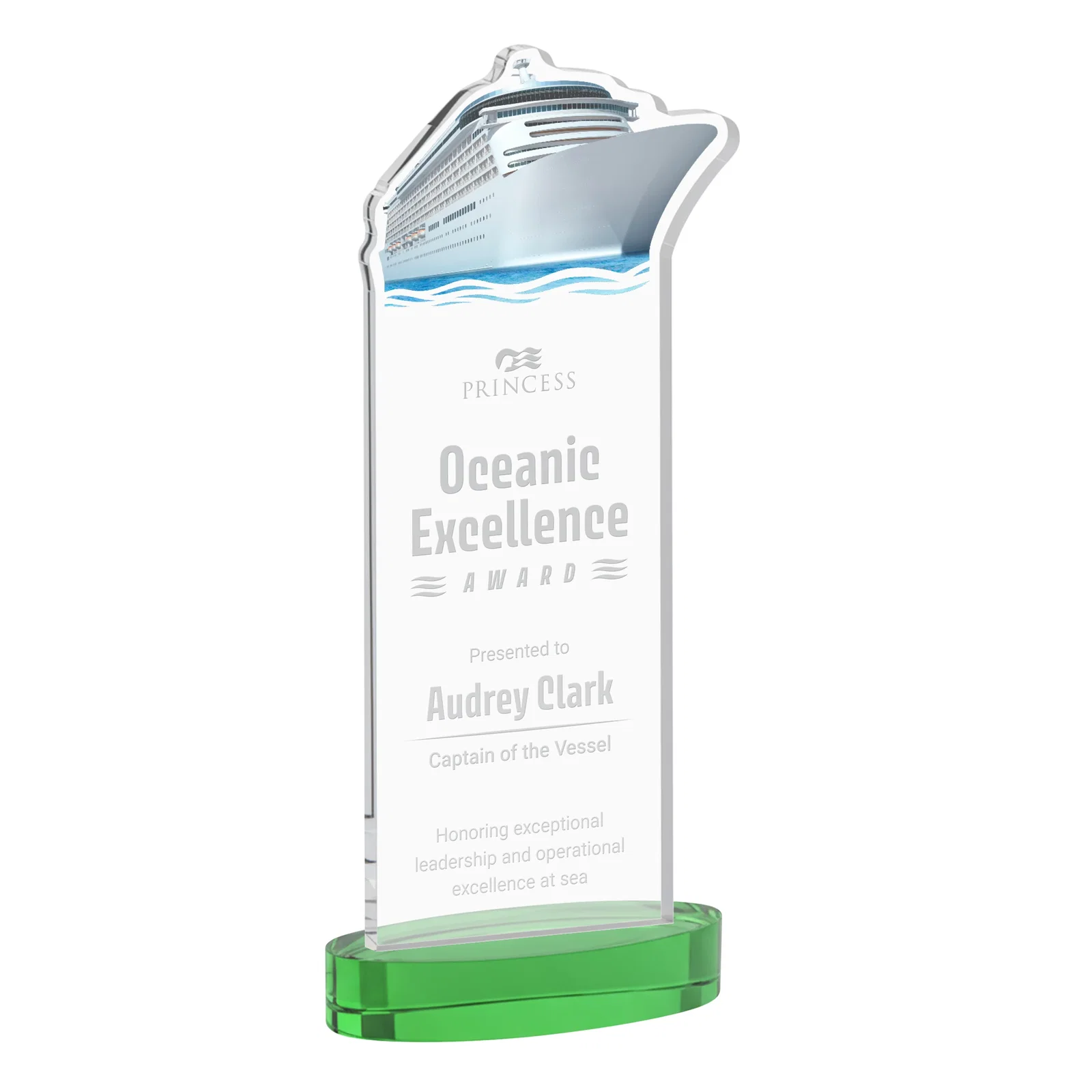 Personalized Starfire Crystal Ship Cutout Award on Oval Base for retirement presentations