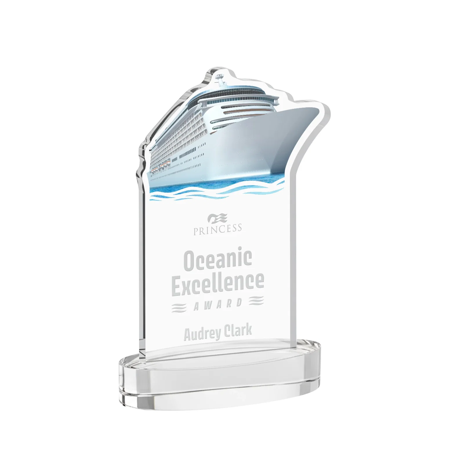 Custom Starfire Crystal Ship Cutout Award on Oval Base for corporate award ceremonies
