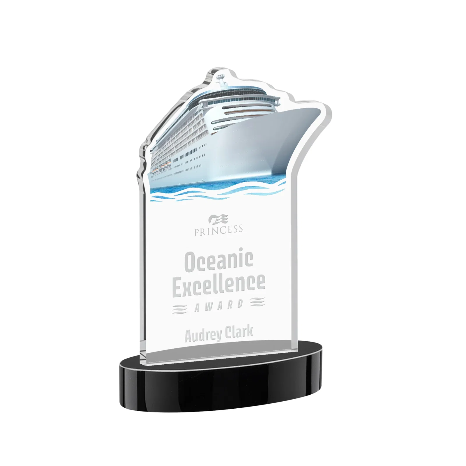 Personalized Starfire Crystal Ship Cutout Award on Oval Base for donor appreciation