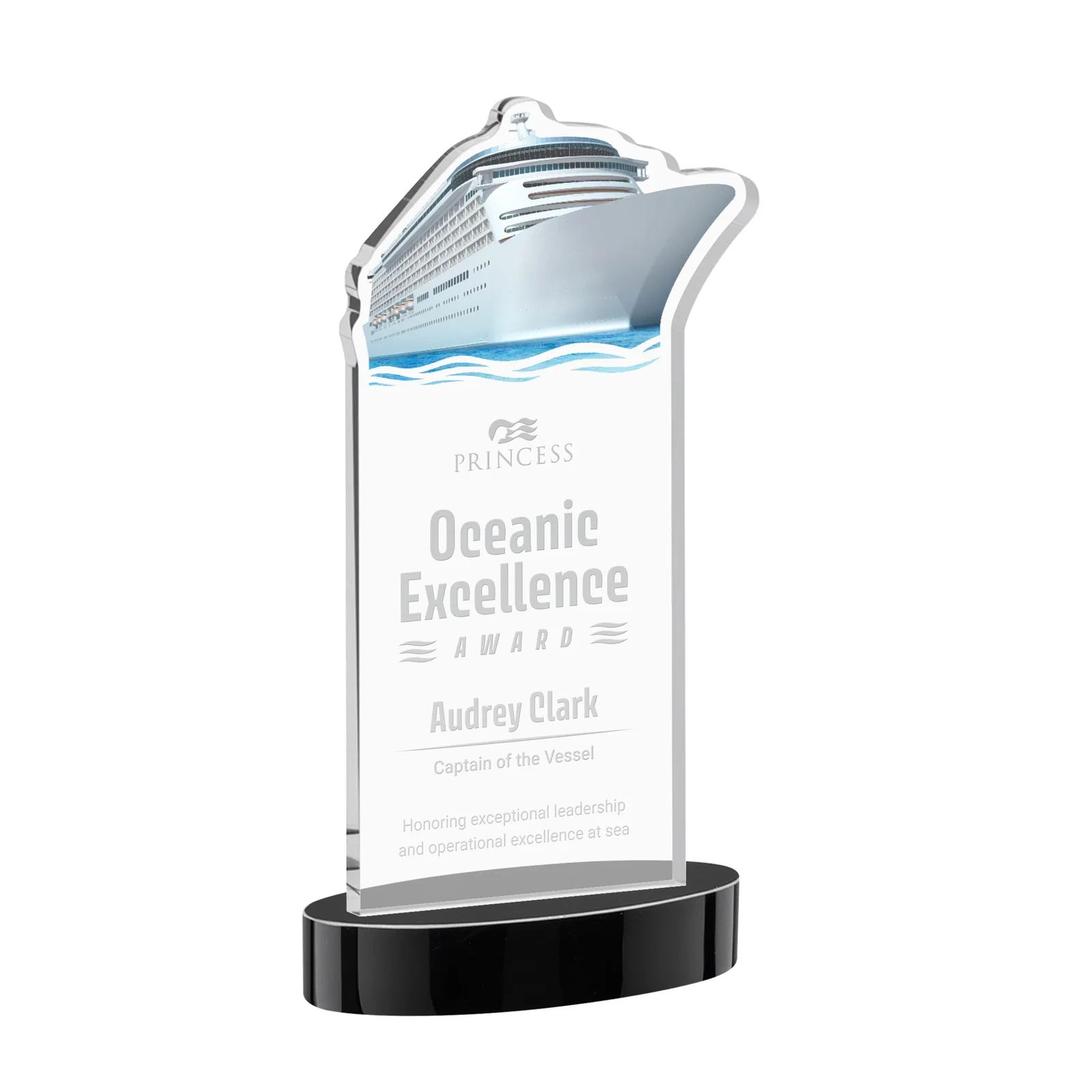 Personalized Starfire Crystal Ship Cutout Award on Oval Base for graduation ceremonies