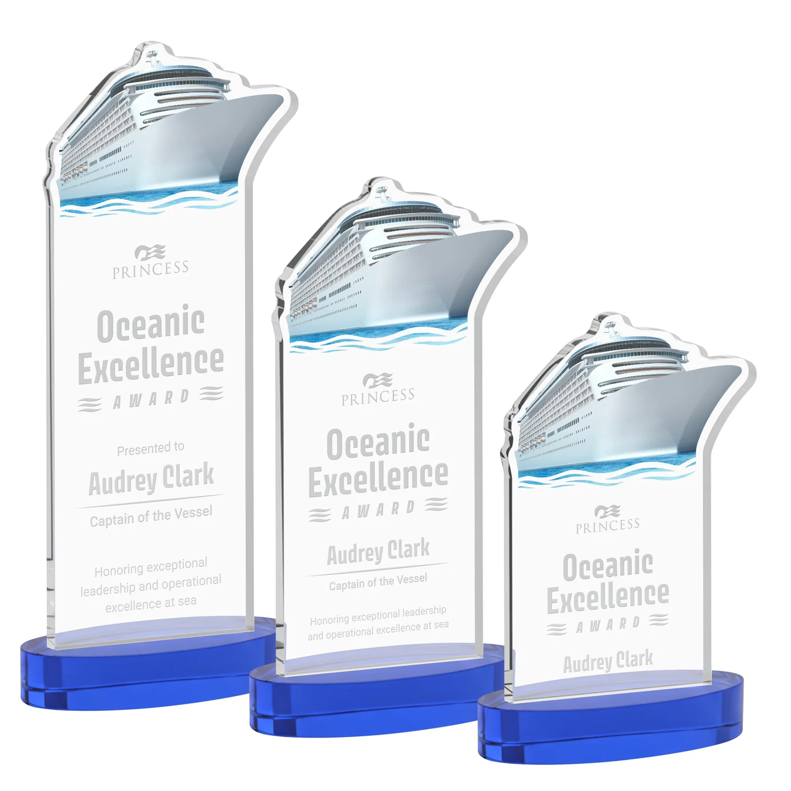 Personalized Starfire Crystal Ship Cutout Award on Oval Base for volunteer appreciation