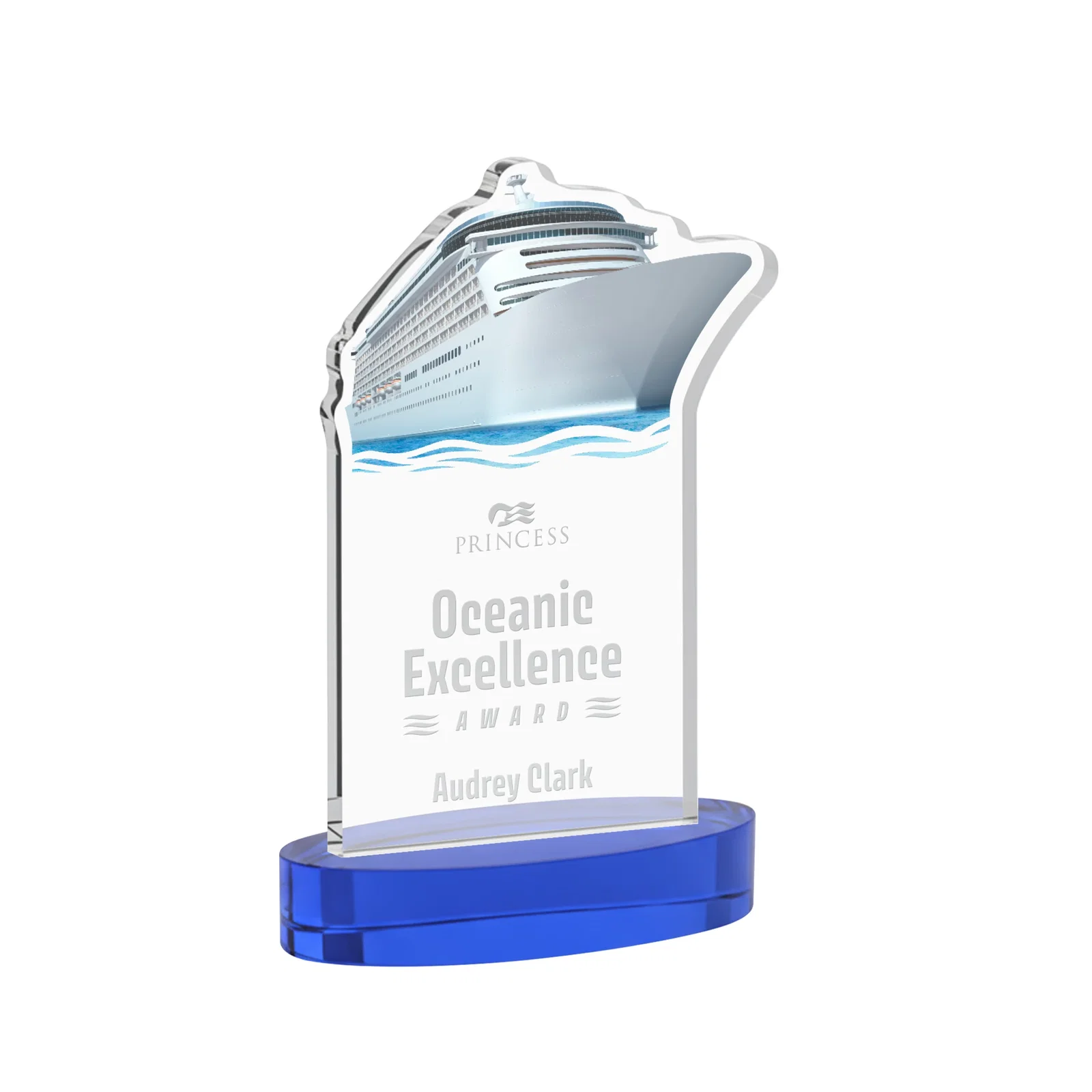 Personalized Starfire Crystal Ship Cutout Award on Oval Base for dealer and partner awards